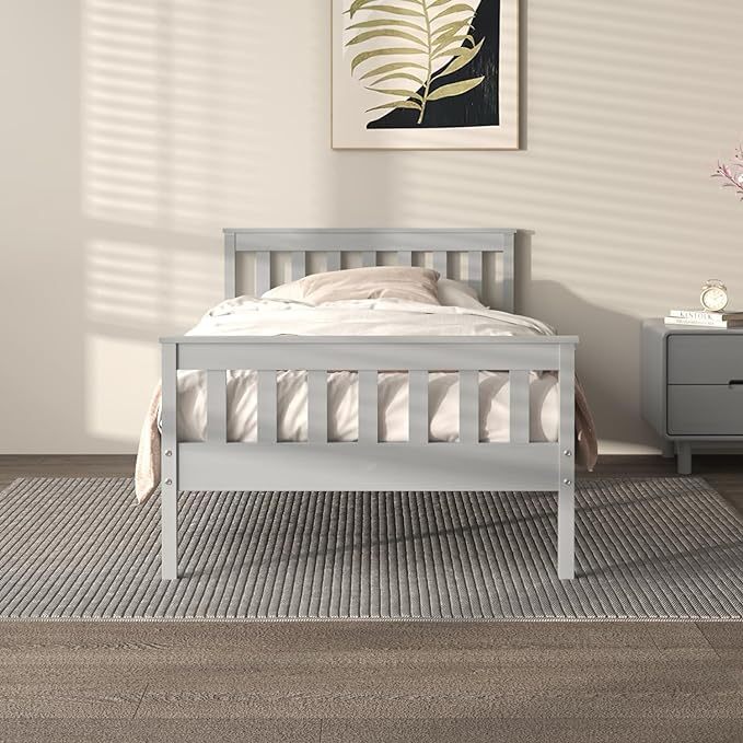 Twin Bed Frames With Headboard, Solid Wooden Platform Bed With Corner, Modern Low Profile Bed Frame, No Box Spring Needed, Grey Twin Grey Wood