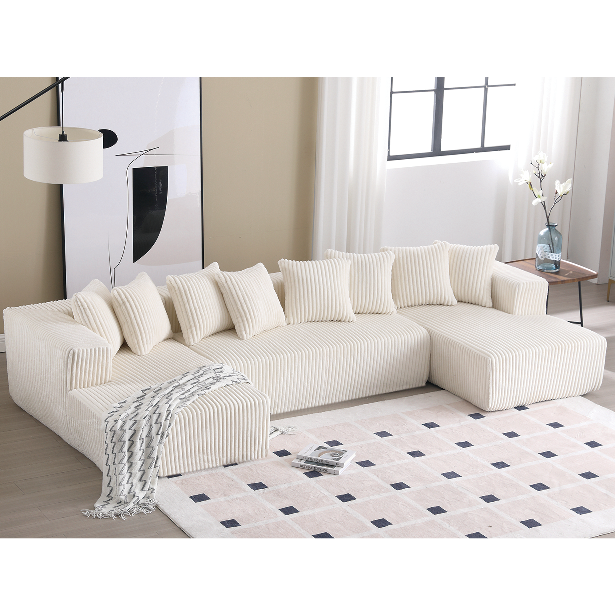 Arrived 131'' Modular Sectional Couch, U Shaped Sofachaise Lounge, Striped Fabric,Upholstered 4 Seater Couch For Living Room, Bedroom, Free Combination Sofa Corduroy ,White White Polyester Primary