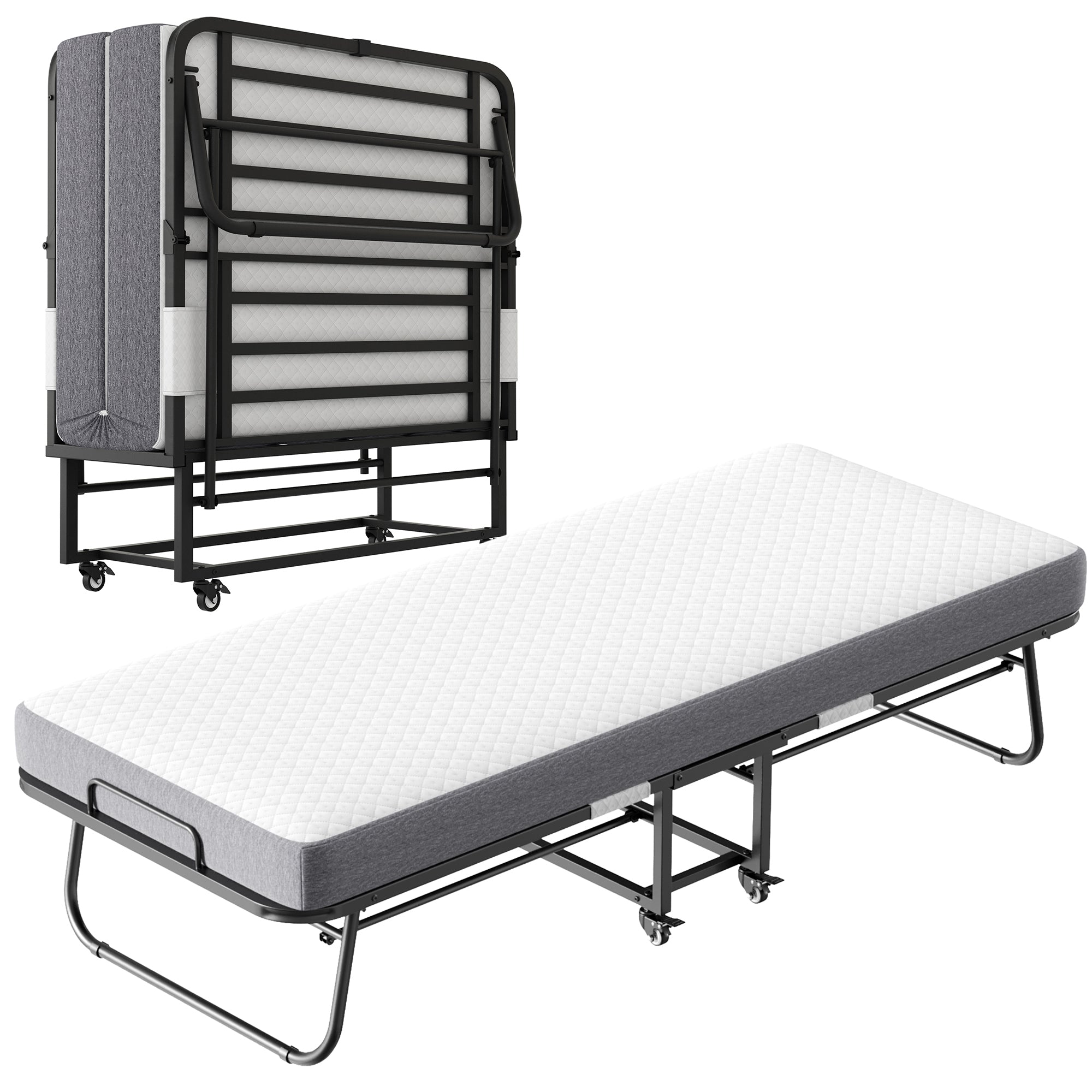 Folding Bed With Mattress 75" X 31" Rollaway Guest Bed Portable Foldable Bed For Adults With 5" Memory Foam Mattress Space Saving Sturdy All Metal Steel Pipe Frame Twin Black Iron Modern Polyester Iron