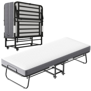 Folding Bed With Mattress 75" X 38" Rollaway Guest Bed Portable Foldable Bed For Adults With 5" Memory Foam Mattress Space Saving Sturdy All Metal Steel Pipe Frame Twin Black Iron Modern Polyester Iron