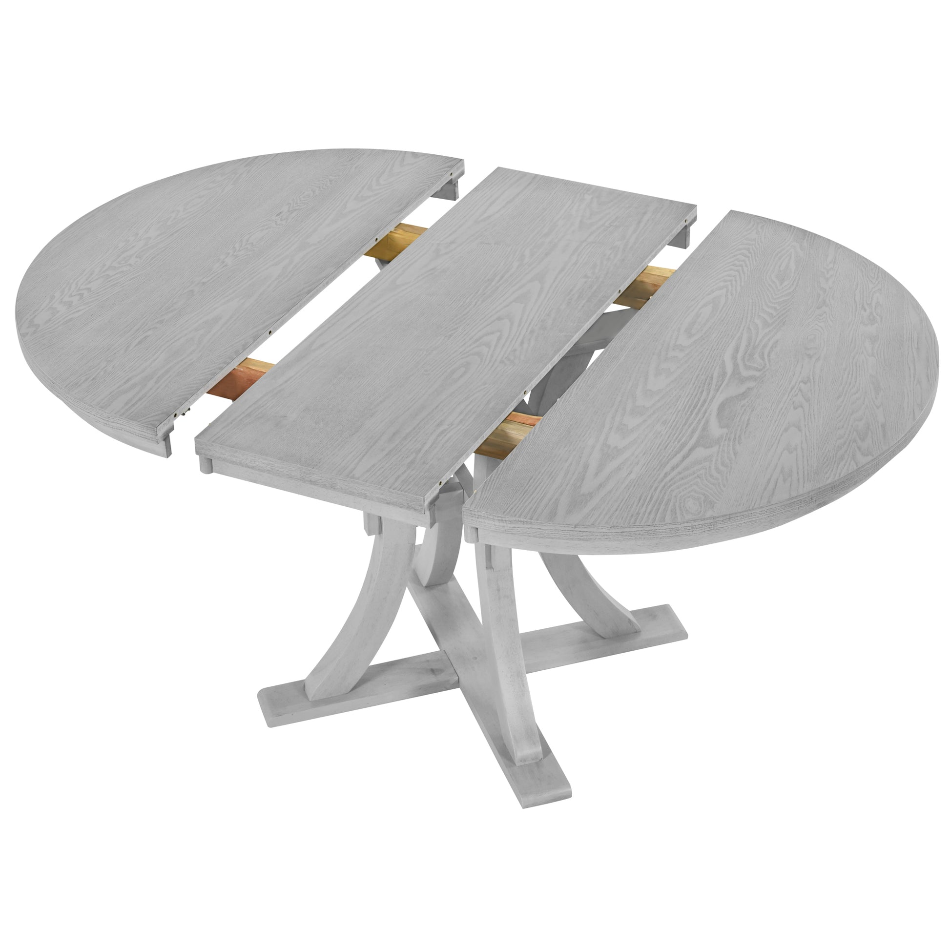 5 Piece Rustic Round Pedestal Extendable Dining Table Set With 15.7" Removable Leaf And Simple Dining Chirs For Small Places, Gray Gray Wood Dining Room Extendable Rubberwood Oval Dining Table With Chair Wood Wood Gray Seats 4 Removable Leaf Farmhouse