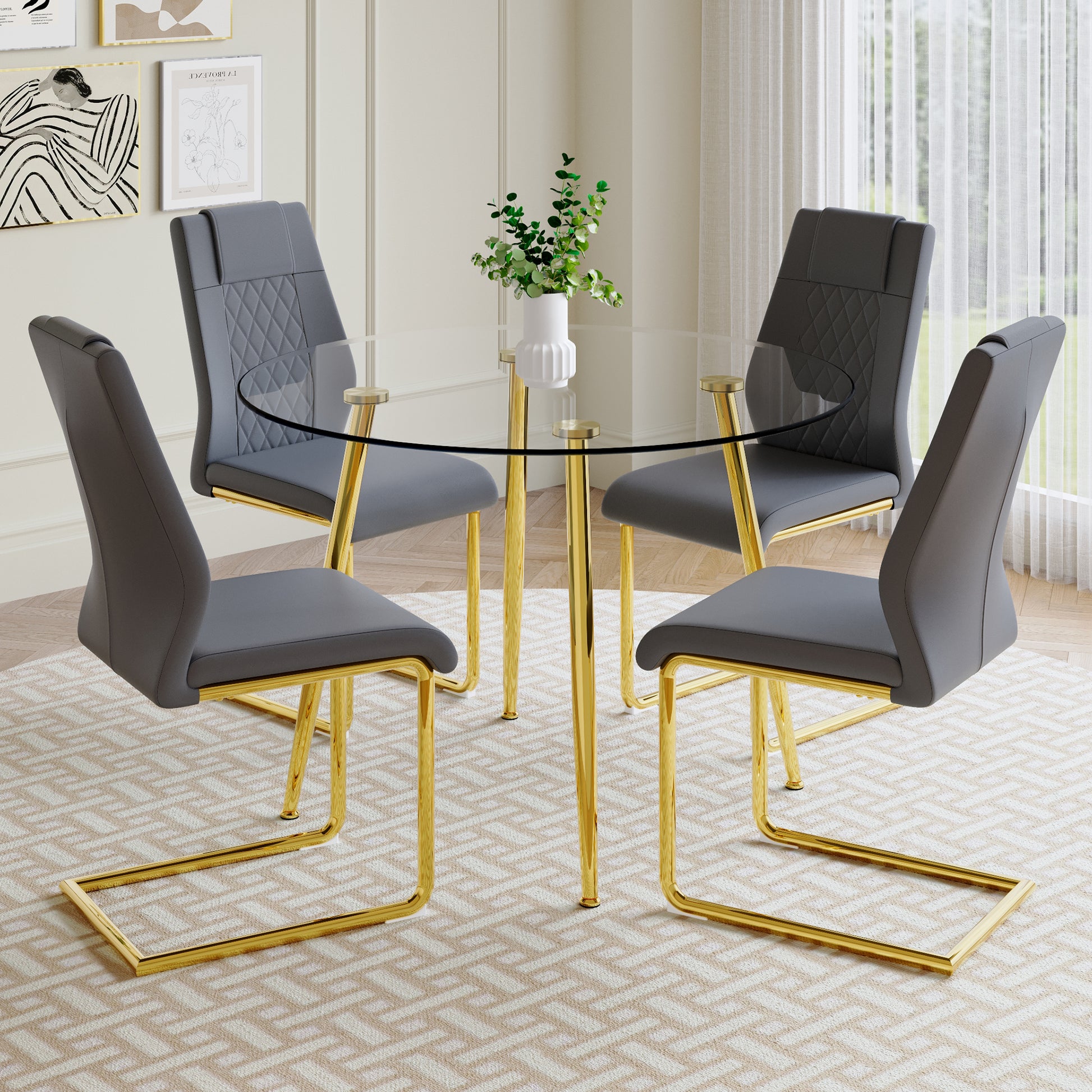 A Modern Minimalist Style Round Transparent Tempered Glass Table With Gold Metal Legs, Paired With 4 Modern Pu Leather High Back Dining Chairs,Bring A Luxurious Experience. Dark Gray Seats 4 Glass Metal