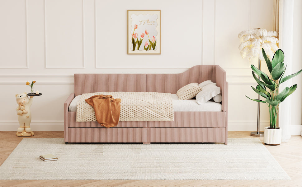 Twin Size L Shaped Corduroy Daybed,Upholstered Bed Frame With 2 Storage Drawers,Pink Twin Pink Wood Fabric