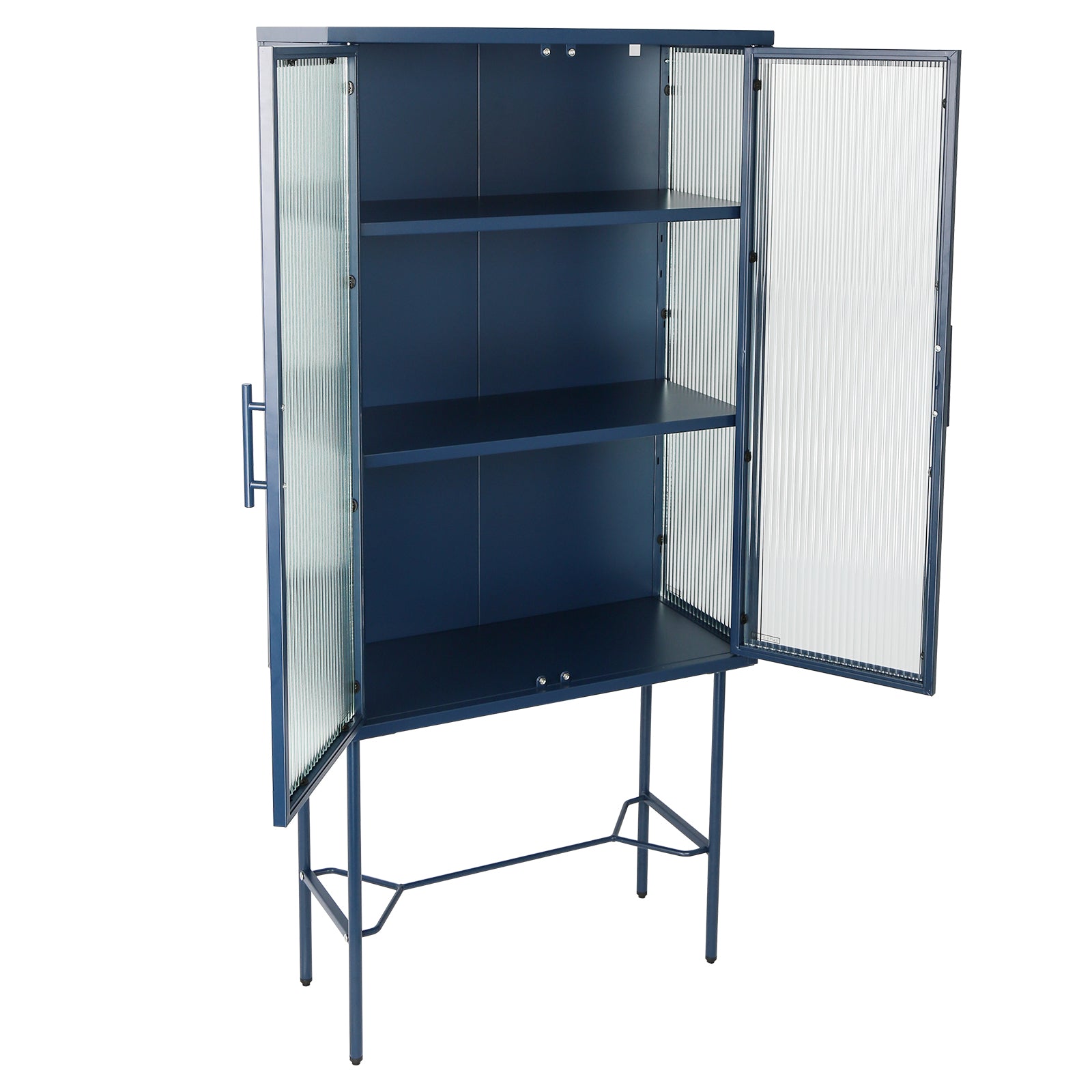 Elegant Floor Cabinet With 2 Glass Doors Living Room Display Cabinet With Adjustable Shelves Anti Tip Dust Free Easy Assembly Blue Color Old Sku:W68766570 Blue Steel