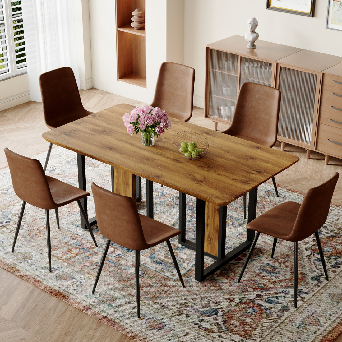 Table And Chair Set.67"X36" Wood Textured Mdf Dining Table Set With 6 Brown Suede Chairs.Mdf Sticker,Wood Colored Texture Sticker,Brown Armless Dining Chair,Suitable For Kitchen,Dining Room,Etc.