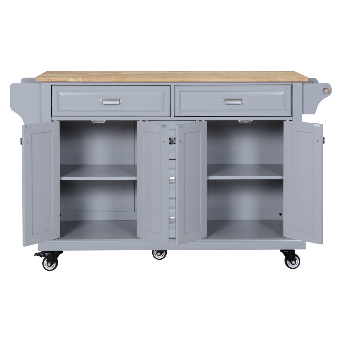 Kitchen Island With Rubber Wood Countertop, Kitchen Cart On 5 Wheels With Storage Cabinet And 5 Drawers For Dinning Room, Grey Grey Dining Room Rectangular Rubberwood Solid Wood Mdf Large 56 In