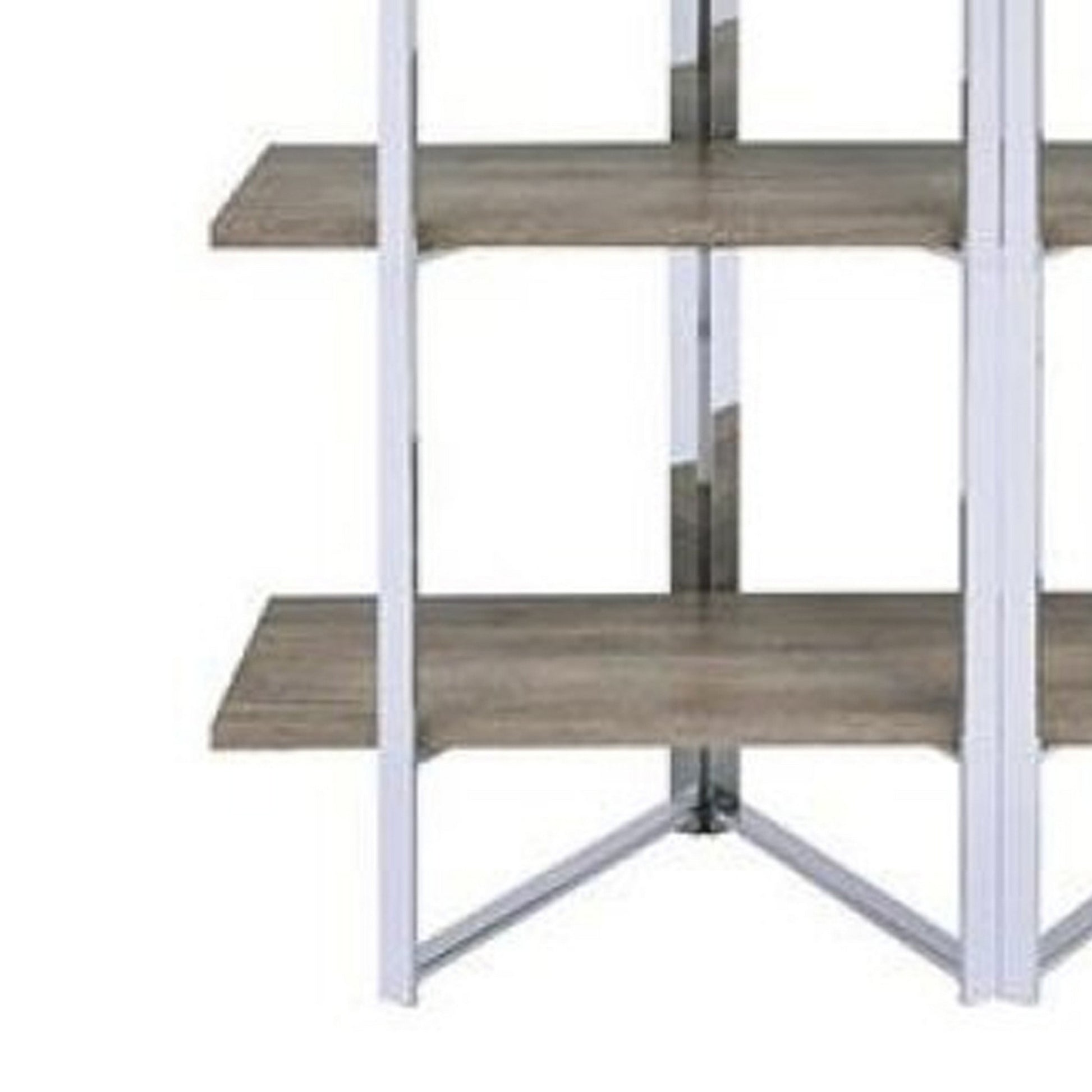 Geometric Metal Framed Bookshelf With Four Open Wooden Shelves, Brown And Silver Brown Engineered Wood