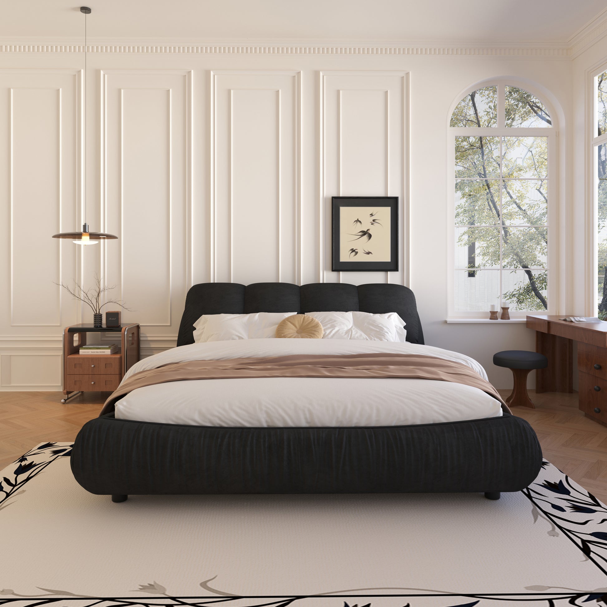 Queen Size Upholstered Platform Bed With Oversized Padded Backrest, Thickening Pinewooden Slats And Solid Wood Leg,Black Box Spring Not Required Queen Black Wood Pine Solid Wood