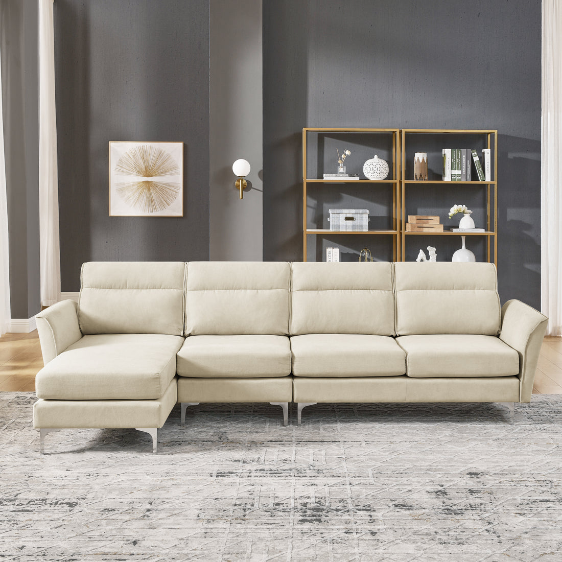 Modern Sofa 3 Seat Couch With Stainless Steel Trim And Metal Legs For Living Room,Beige Beige Foam 3 Seat