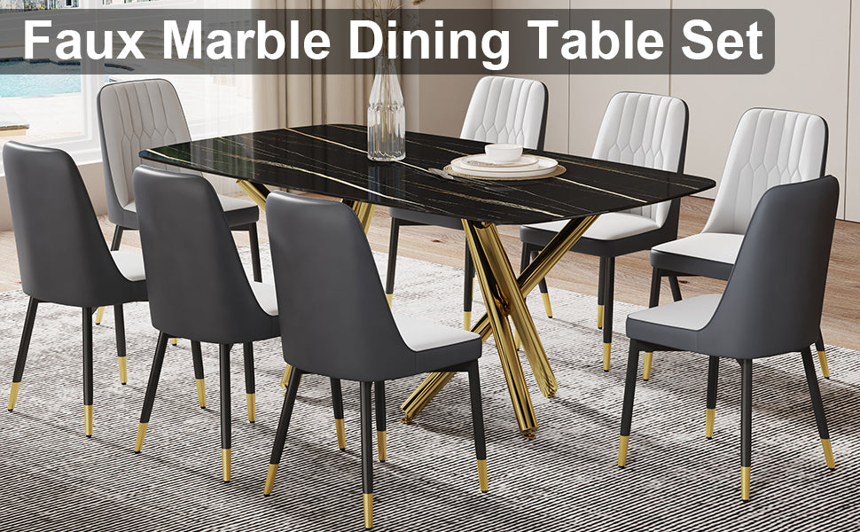 Large Modern Minimalist Rectangular Dining Table With 0.39 "Imitation Marble Black Tabletop And Golden Metal Legs, Paired With Chairs With Pu Cushions And Black Metal Legs. F 1538 C 007 Black Gold Glass Metal