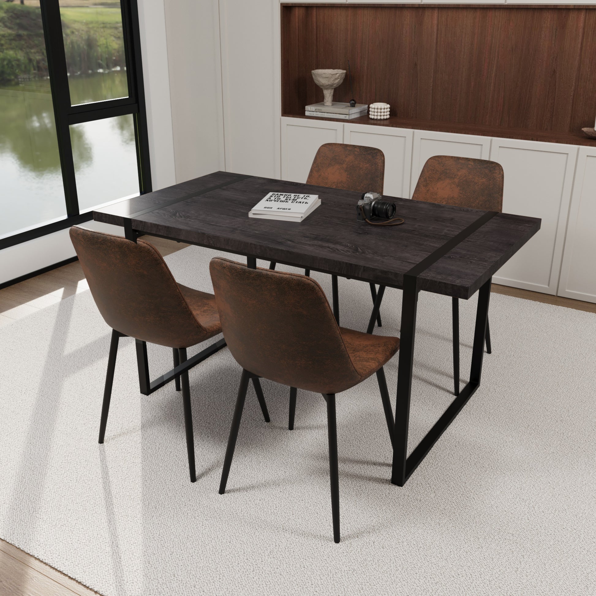 Mdf Black Wooden Dining Table And Modern Dining Chair 4 Piece Set, Medieval Wooden Kitchen Dining Table Set, Rectangular Metal Base, Dining Table And Suede Chair Black Brown Mdf