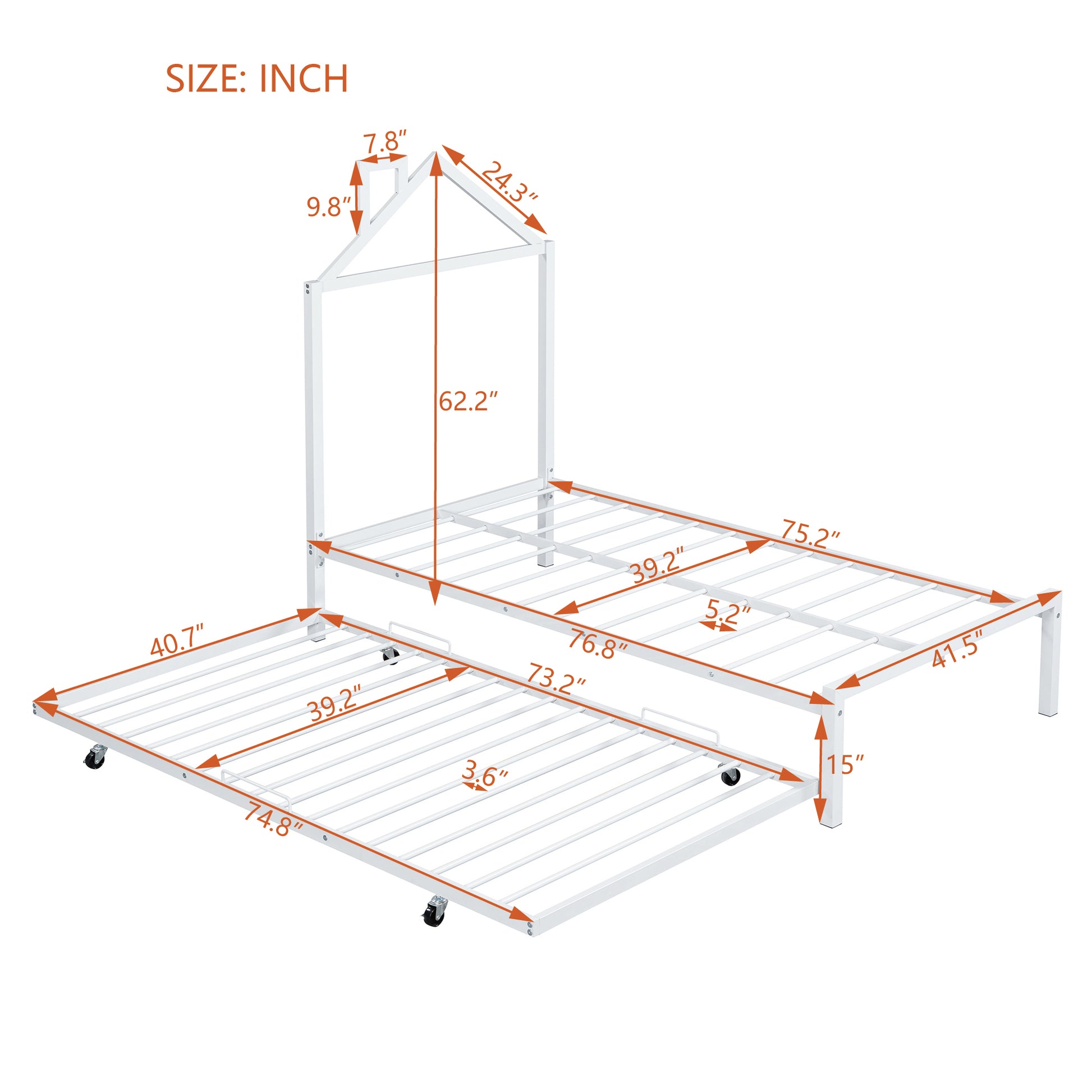 Twin Size Metal Platform Bed With Twin Size Trundle,House Shaped Headboard Design, White Twin White Metal