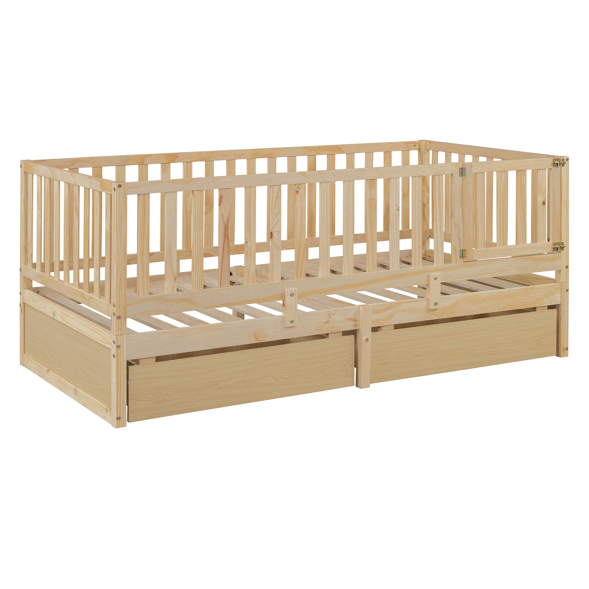 Twin Size Wood Daybed With Fence Guardrails And 2 Drawers, Split Into Independent Floor Bed & Daybed, Natural Old Sku :Lp000881Aan Twin Natural Solid Wood Mdf