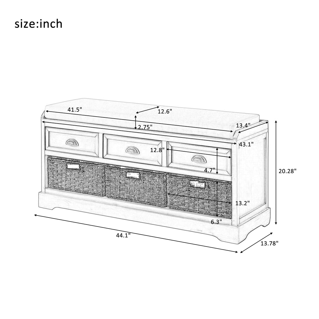 Homes Collection Wood Storage Bench With 3 Drawers And 3 Baskets White Mdf