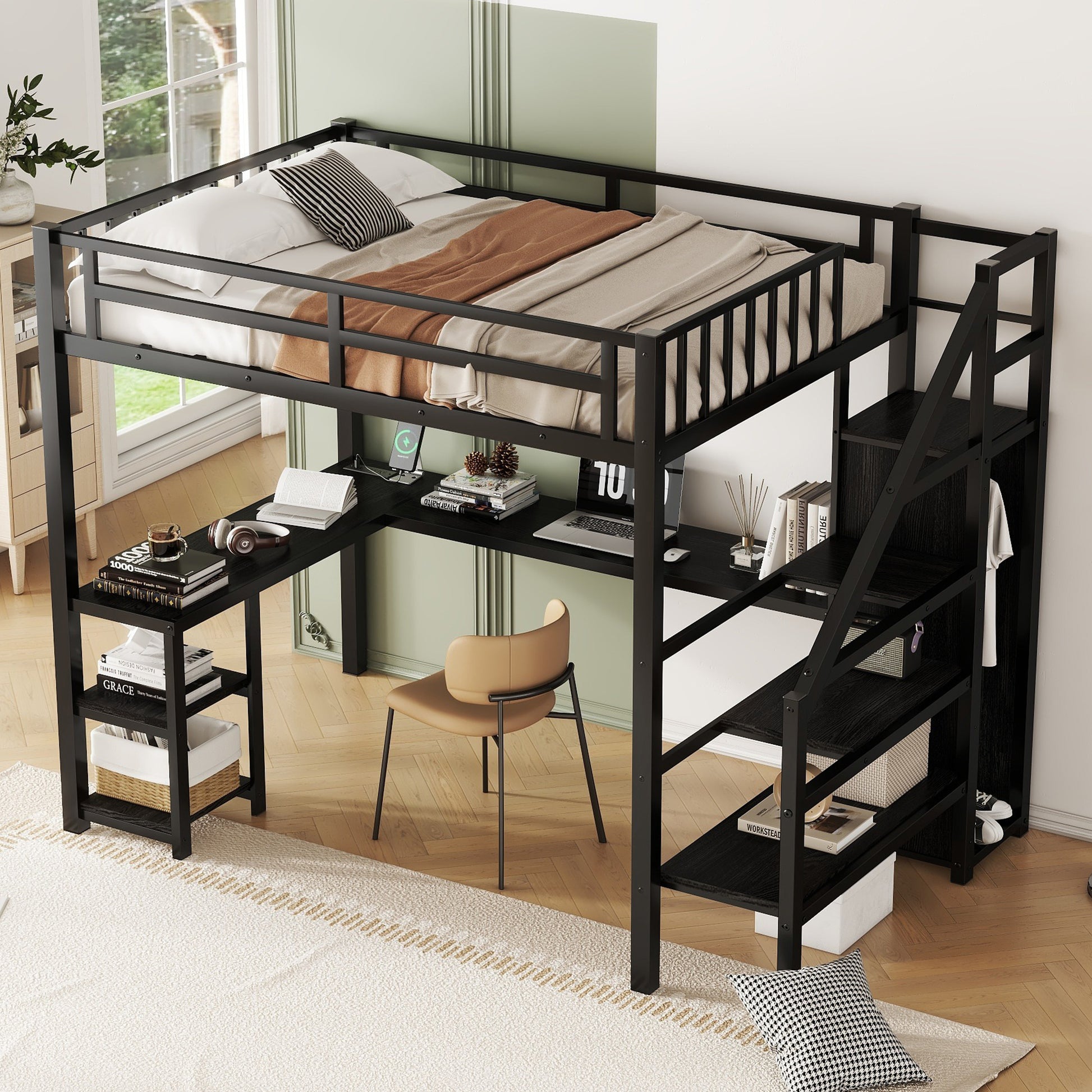 Metal Full Loft Bed With Wardrobe And Led Light, Full Size Loft Bed With L Shaped Desk And Usb For Kids Teens Adults, Black Full Black Metal