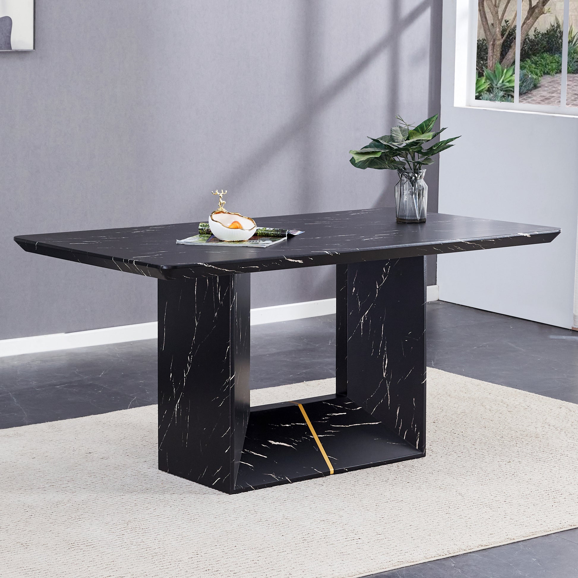 This Modern Dining Table With Mdf Marbled Design Gives You A Luxurious And Elegant Feel, Adding A Touch Of Elegance Whether It Is A Family Dinner Or Entertaining Guests. Black Mdf