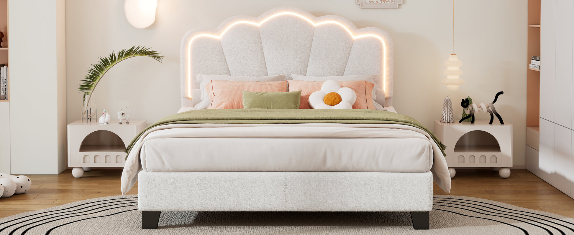 Full Size Upholstered Flower Shape Bed, Elegant Flowers Headboard With Led Light Strip, Sherpa Fabric Platform Bed With Wooden Slats Support, White Full White Wood