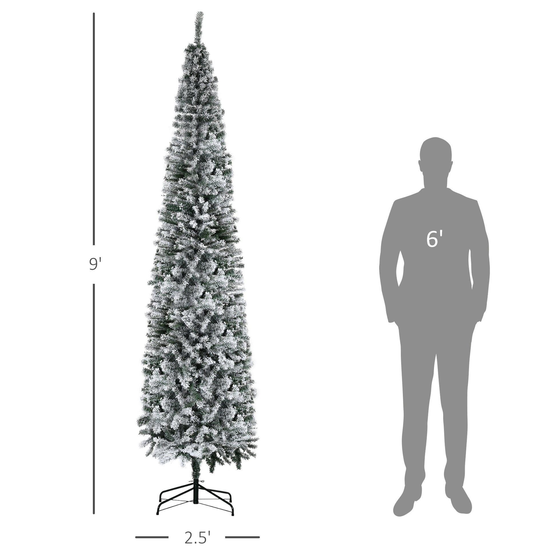 Homcom 9' Tall Unlit Snow Flocked Slim Artificial Christmas Tree With Realistic Branches And 1014 Tips Green Pvc