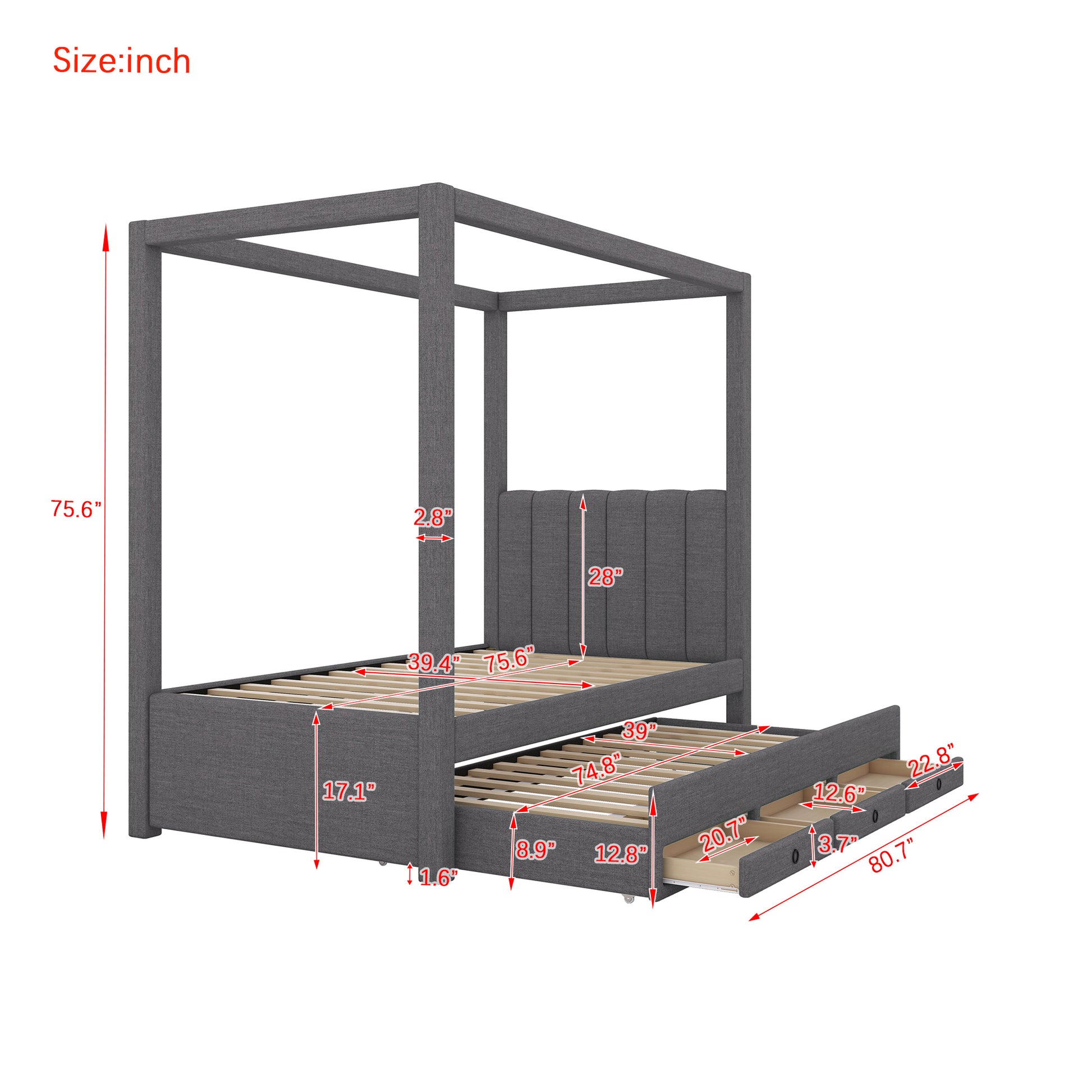 Twin Size Upholstery Canopy Platform Bed With Trundle And Three Storage Drawers, Gray Twin Gray Upholstered