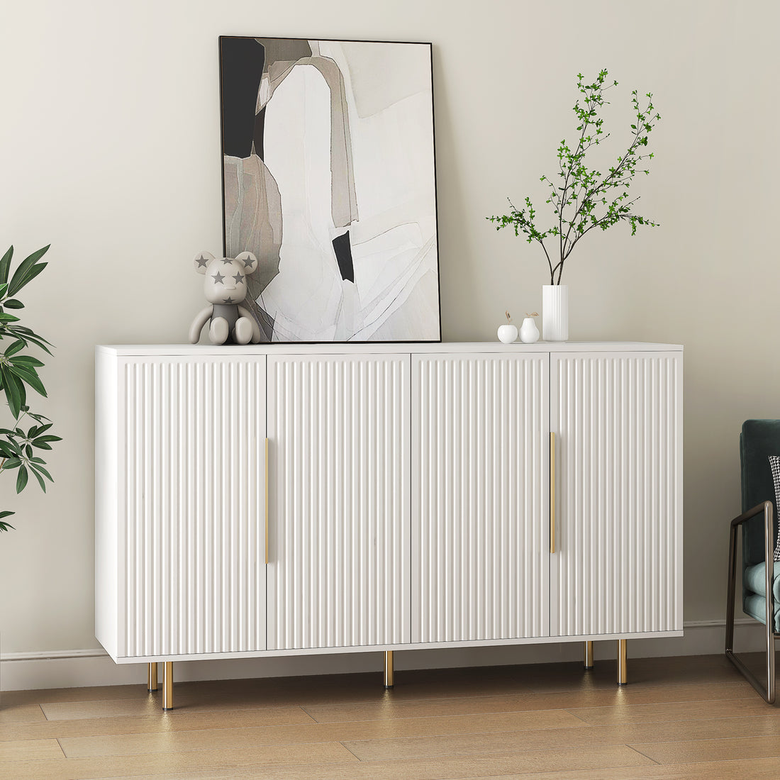 White Modern Buffet Cabinet With Storage, Fluted Sideboard Large Buffet With Adjustable Shelves, Credenza, Accent Cabinet Console Table White Mdf