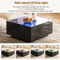 Square High Glossy Coffee Table With 16 Color Led Strip Lights, Modern Center Table With 5Mm Frosted Tempered Glass Top For Living Room, Black, 27.5*27.5In Black Primary Living Space Mdf