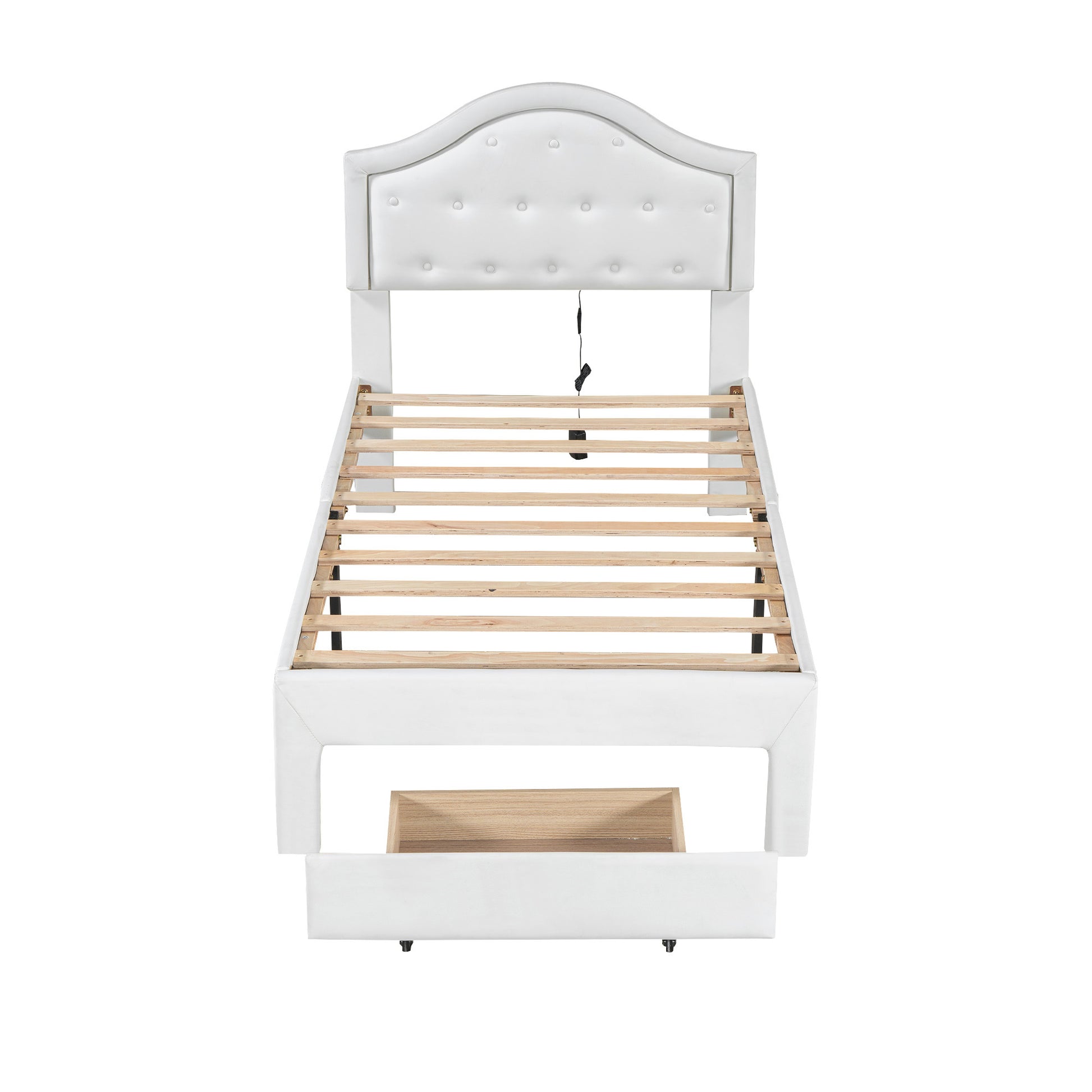 Twin Size Upholstered Platform Bed With Tufted Headboard, Led And A Drawer, White Box Spring Not Required Twin White Wood Faux Leather Upholstered