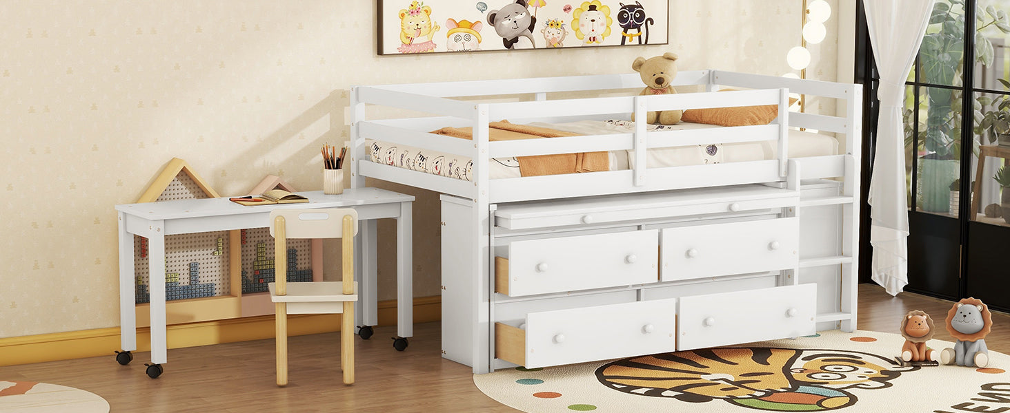 Twin Size Loft Bed With Retractable Writing Desk And 4 Drawers, Wooden Loft Bed With Lateral Portable Desk And Shelves, White White Solid Wood Mdf