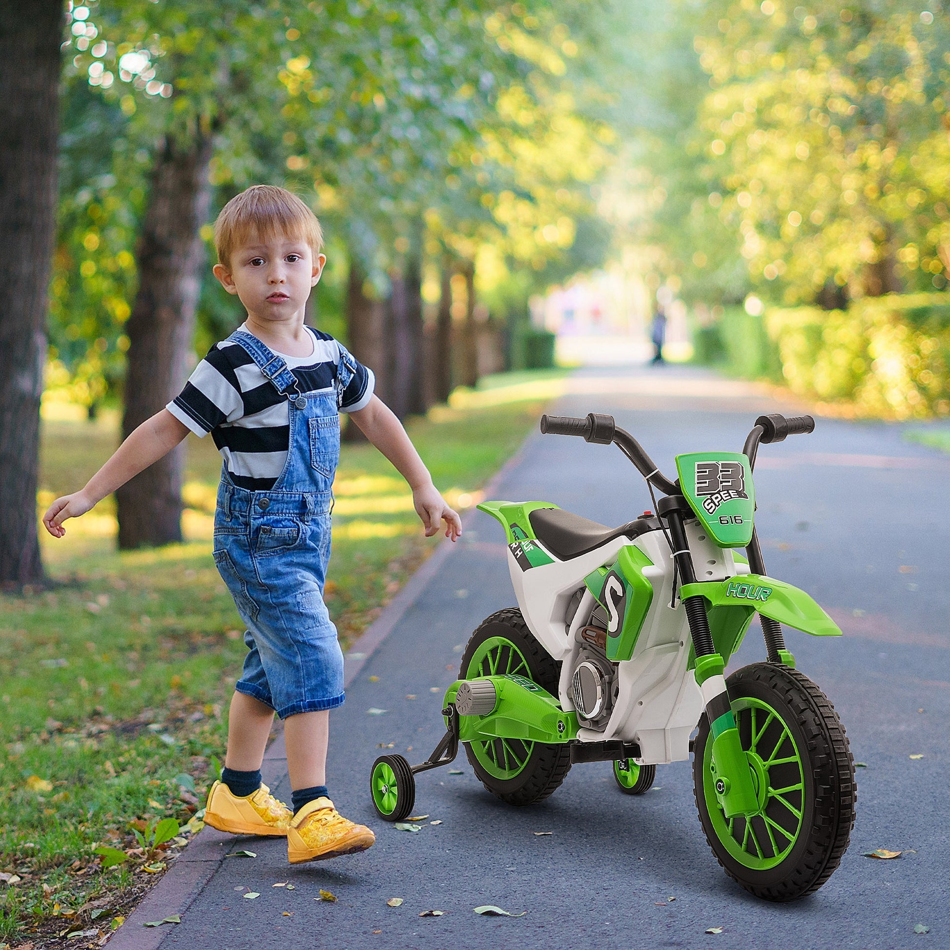 Aosom 12V Kids Motorcycle Dirt Bike Electric Battery Powered Ride On Toy Off Road Street Bike With Charging Battery, Training Wheels Green Green Plastic