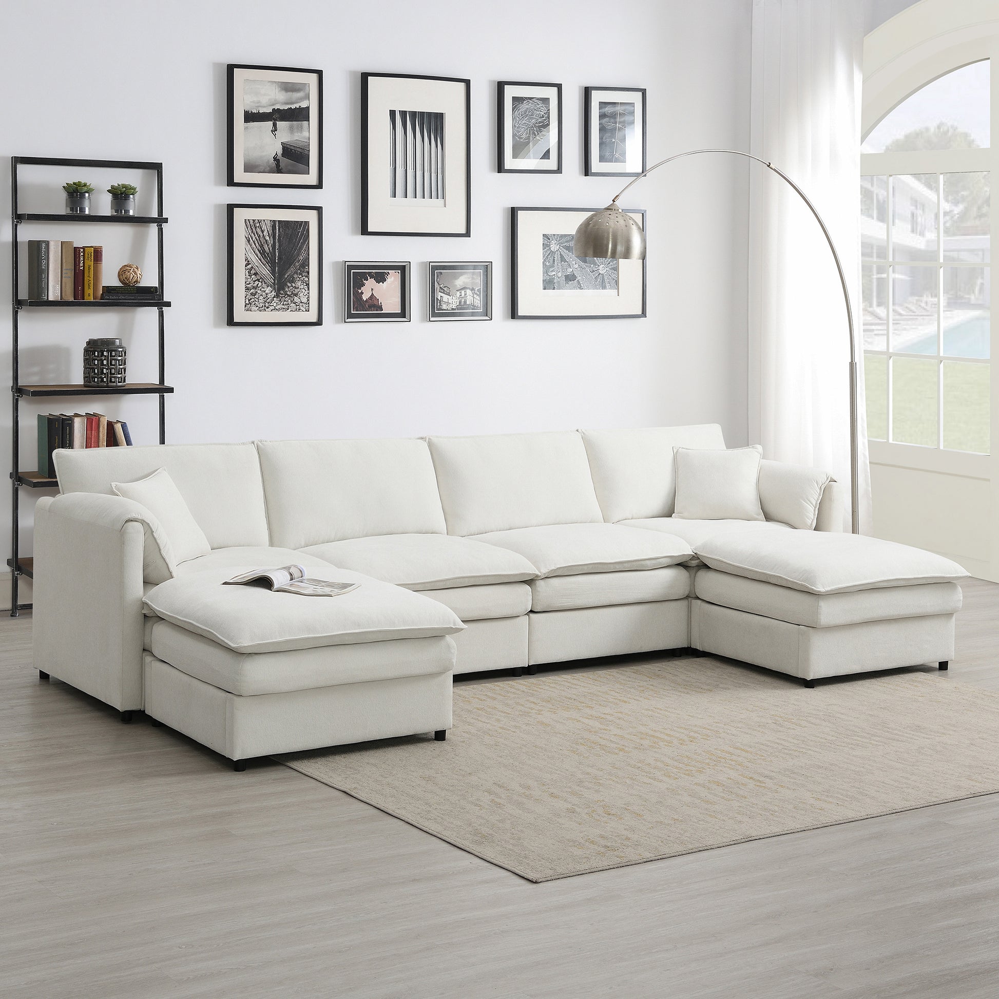 134*66" Chenille Modular Sectional Sofa,U Shaped Cloud Couch Set With Double Cushions ,6 Seat Sleeper Sofa Bed With Ottomans,Oversized Indoor Furniture For Living Room, 3 Colors Cream Chenille 6