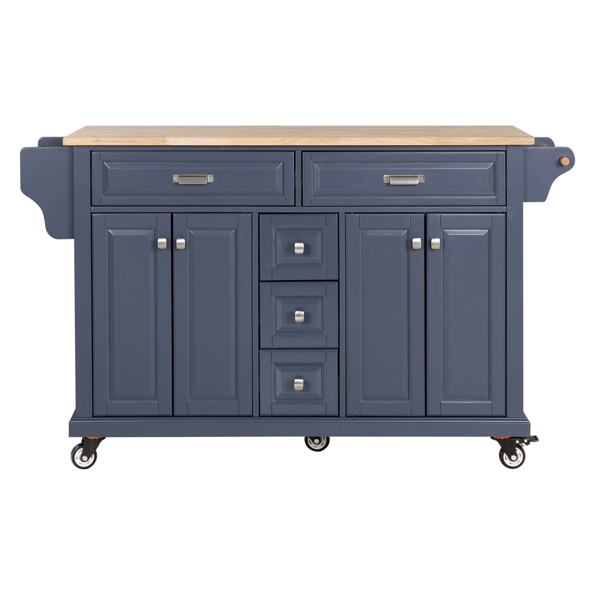 Kitchen Island With Rubber Wood Countertop, Kitchen Cart On 5 Wheels With Storage Cabinet And 5 Drawers For Dinning Room, Blue Blue Dining Room Rectangular Rubberwood Solid Wood Mdf Large 56 In