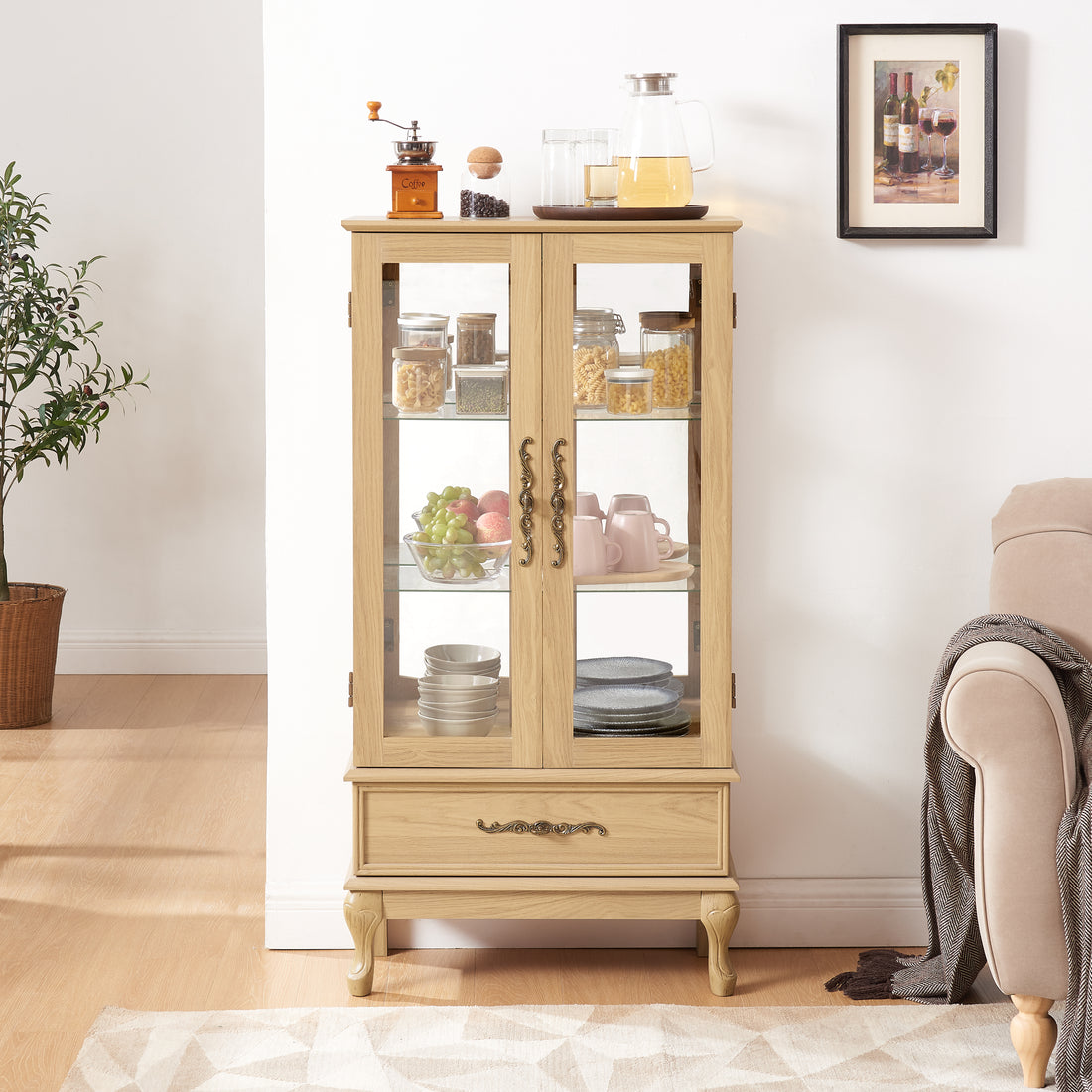 Curio Cabinet Lighted Glass Cabinet Glass Wine Cabinet Curio Display Cabinet With Adjustable Glass Shelves 2 Doors And 1 Drawer Cabinet Sideboard With Bulb Included Light Oak Light Oak Mdf Glass