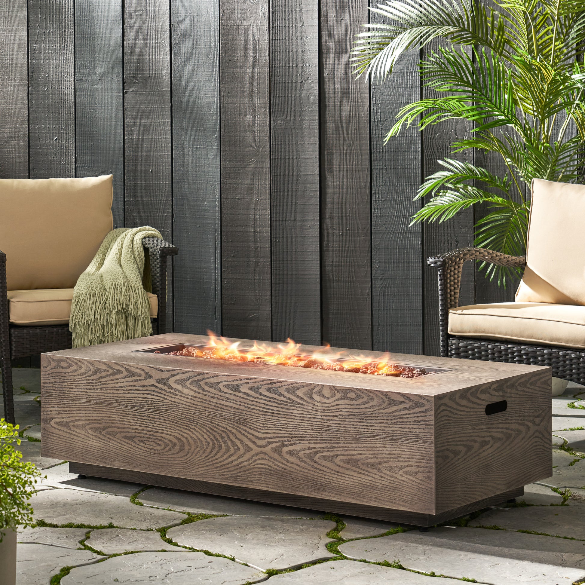 56" Outdoor 50,000 Btu Rectangular Iron Propane Fire Pit, Brown Wood Pattern Tank Cover Not Included Wood Iron