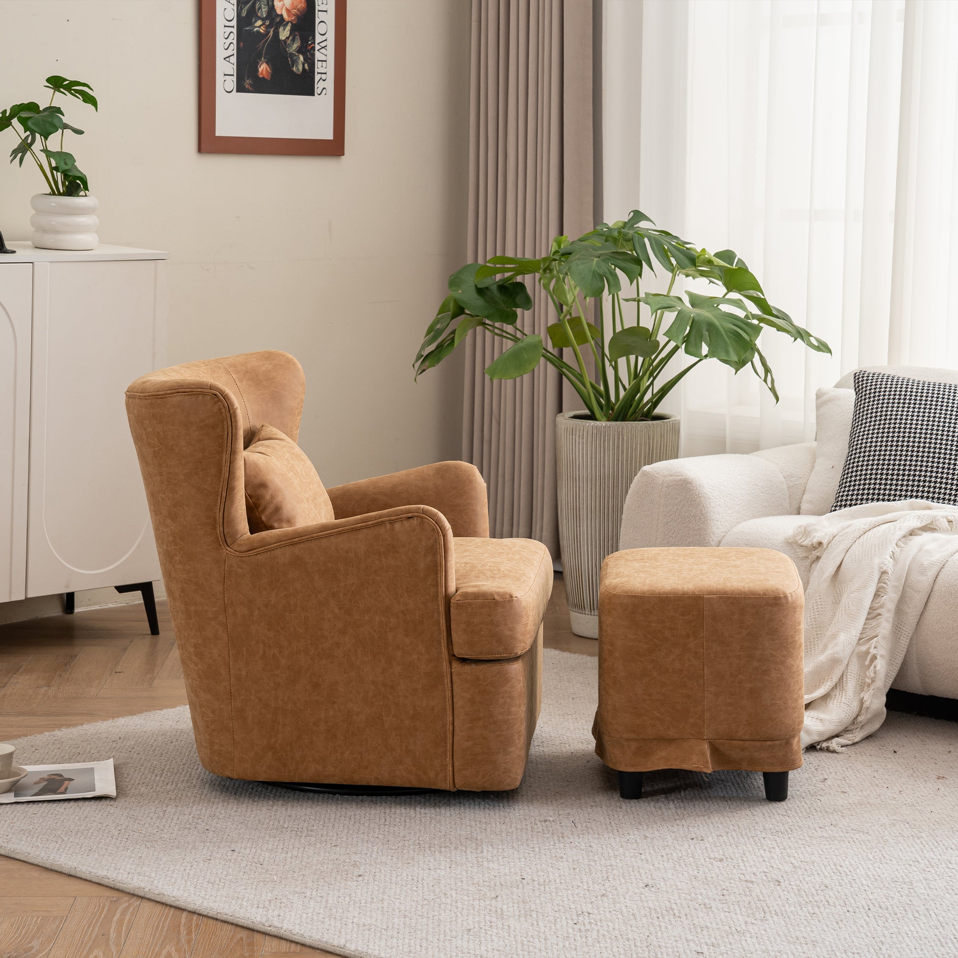 Synthetic Leather Upholstered Swivel Chair, 360 Swivel Comfort Round Armchair, Single Sofa Chair With Lounge Seat For Bedroom Office Reading Space, Set Of 1 ,Brown Yellow Brown Yellow Wood