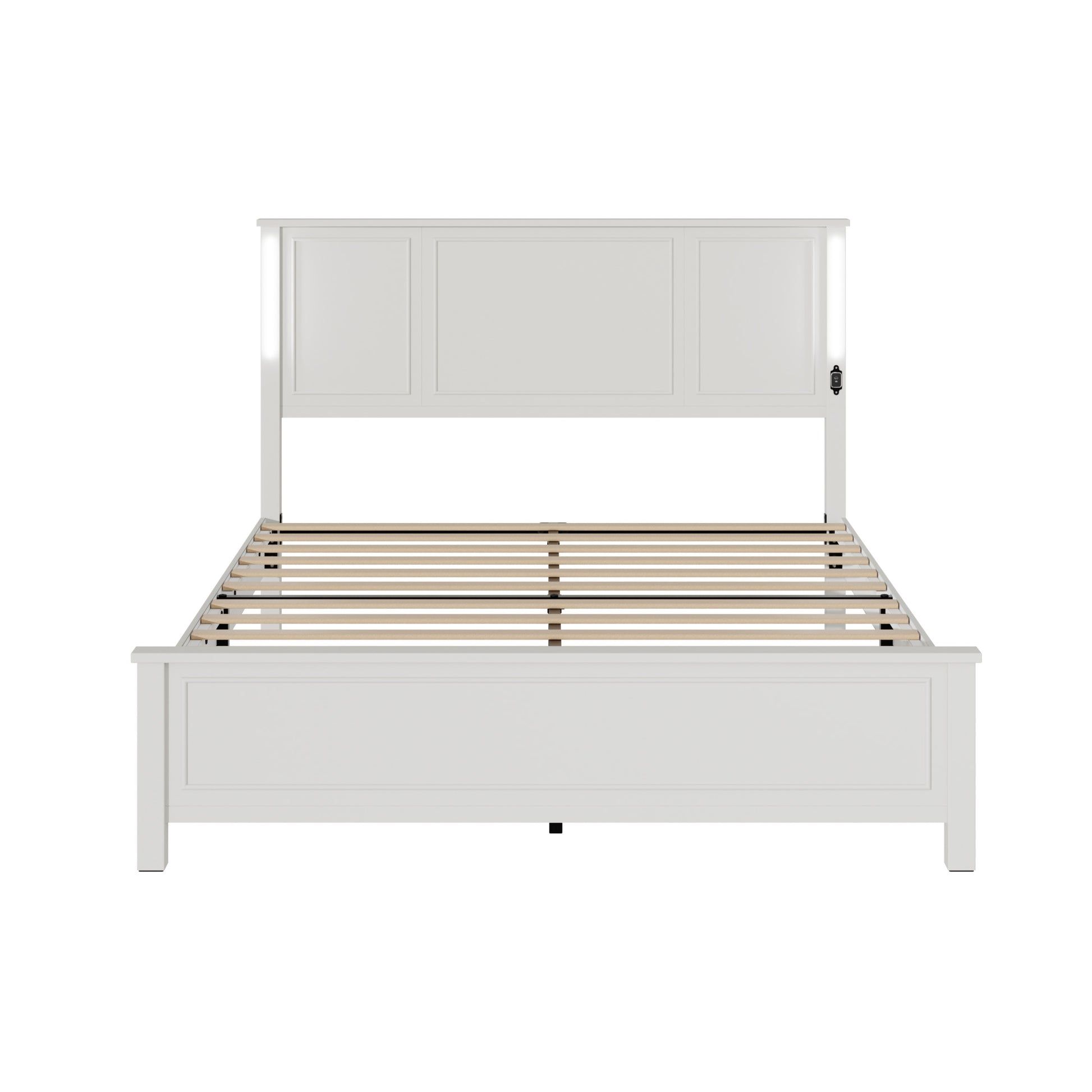 Queen Size Bed Frame, Platform Bed Frame With Wood Headboard And Footboard,Charging Station And Led Lights, 12 Wood Slats Support, No Box Spring Neededantique White Box Spring Not Required Queen