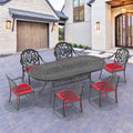 Cushions In Random Colors 7 Piece Set Of Cast Aluminum Patio Furniture With Cushions Yes Dining Set Black Seats 6 Rust Resistant Frame Water Resistant Cushion Garden & Outdoor Complete Patio Sets Aluminium