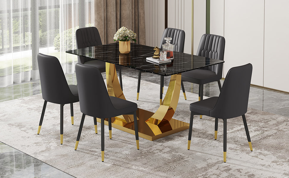 Table And Chair Set.Modern Rectangular Dining Table With Black Textured Stickers Glass Tabletop And Gold Plated Metal Legs.Paried With 6 Comfortable Chairs With Pu Seats And Black Metal Legs. Black Gold Seats 6 Glass Metal