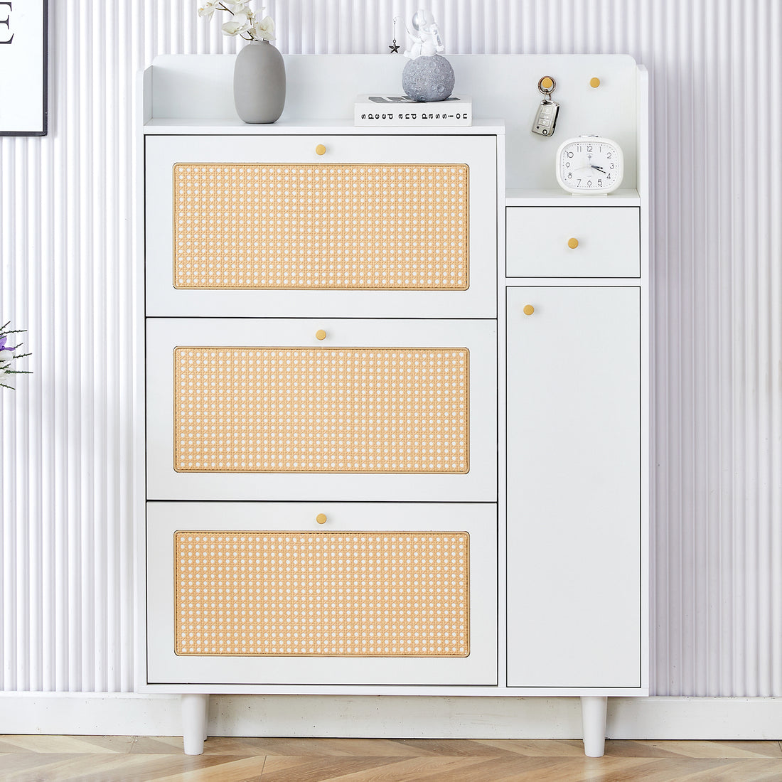 Modern Minimalist Storage Cabinet, Japanese Rattan Shoe Cabinet, Bed Top Cabinet, Small Home Furniture. Suitable For Corridors And Living Rooms. Gz Di 03 White Mdf