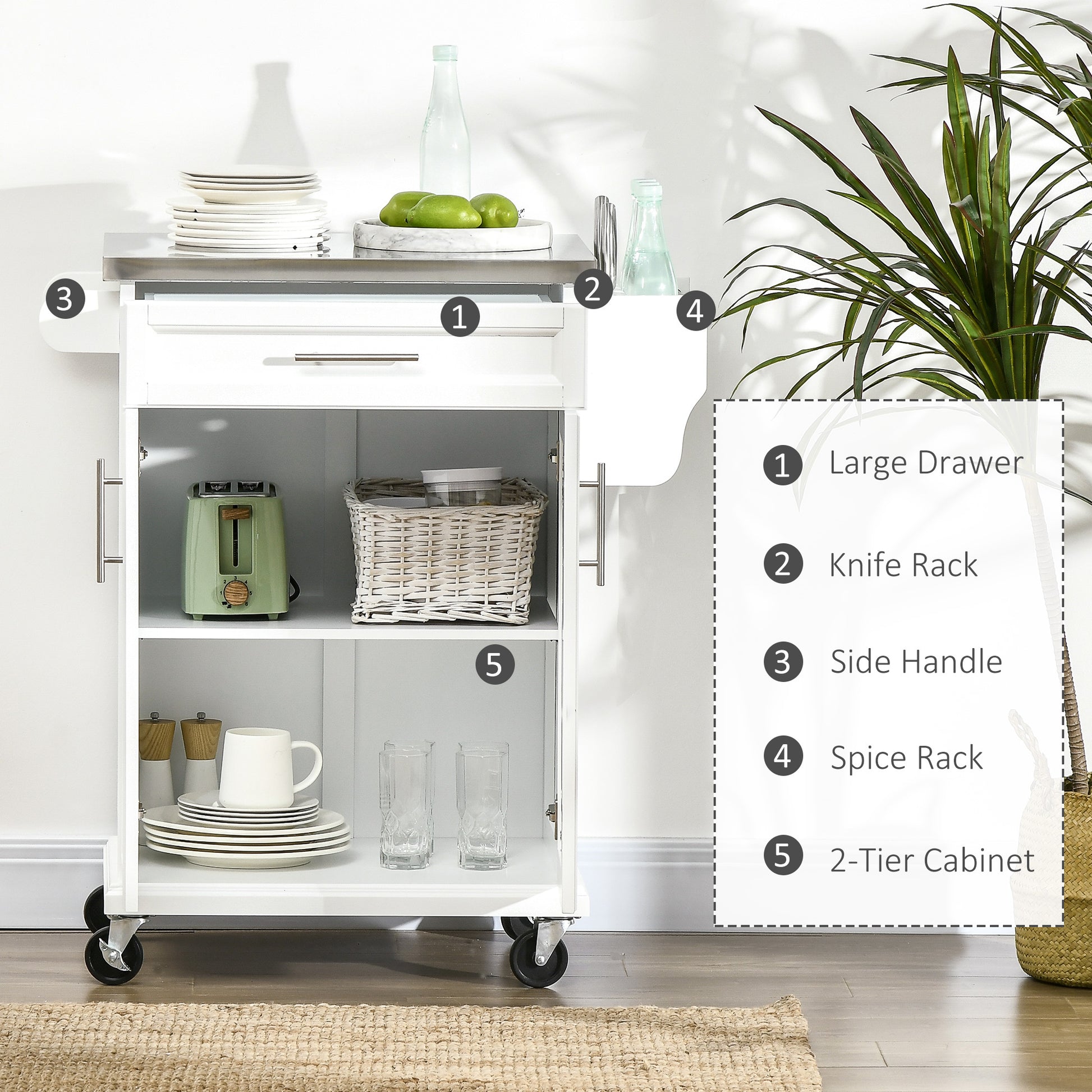 Homcom Kitchen Island On Wheels, Rolling Kitchen Cart With Stainless Steel Countertop, Drawer, Towel Rack And Spice Rack, Utility Storage Trolley, White White Mdf