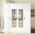 4 Door Mirror Wardrobe With Shelves, White White Plywood