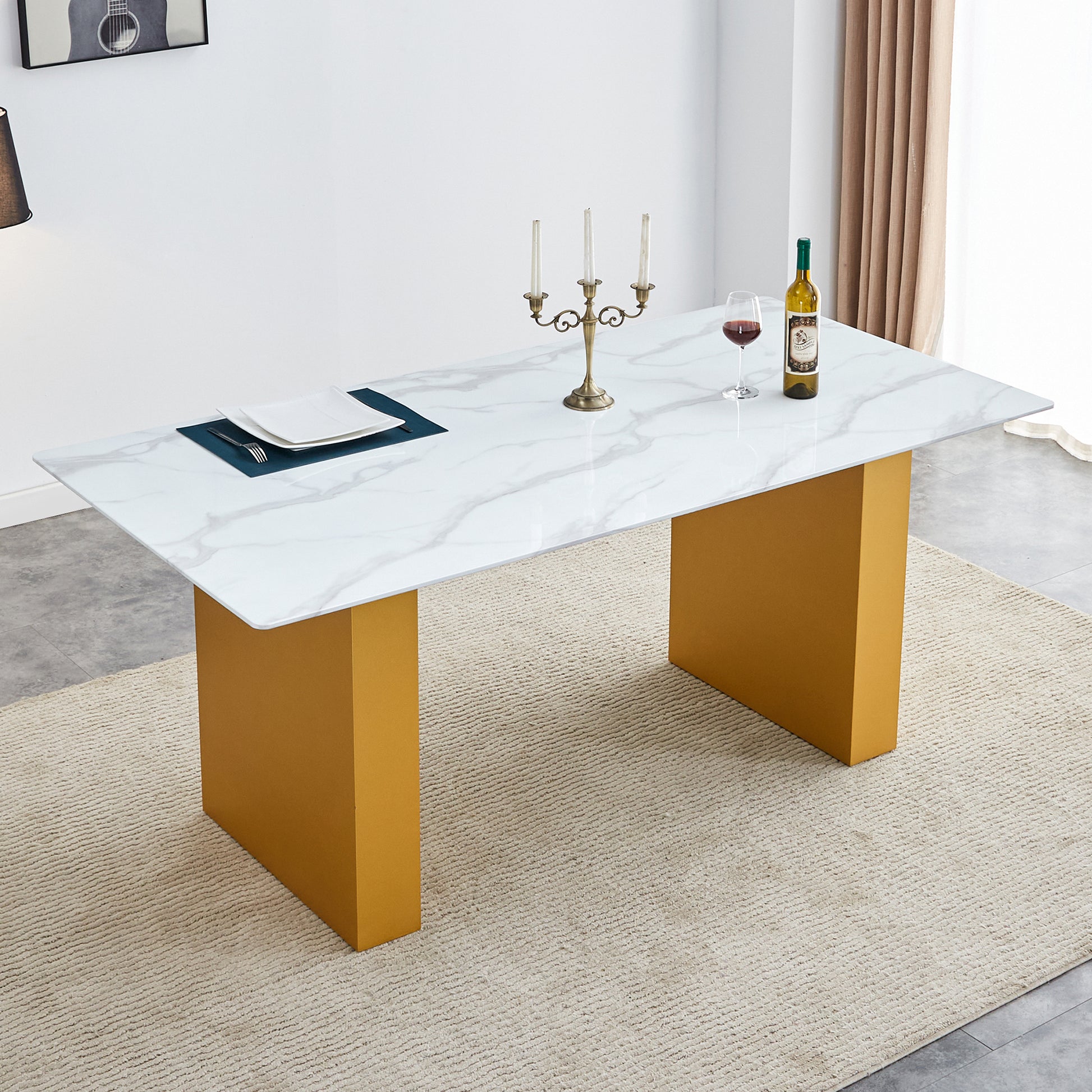 Large Modern Rectangular Table With 0.4 Inch Patterned Tabletop And Large Mdf Table Legs, Suitable For Kitchen, Dining Room, And Living Room 71 "* 35.4" * 30 " 1546 Gold Mdf Glass