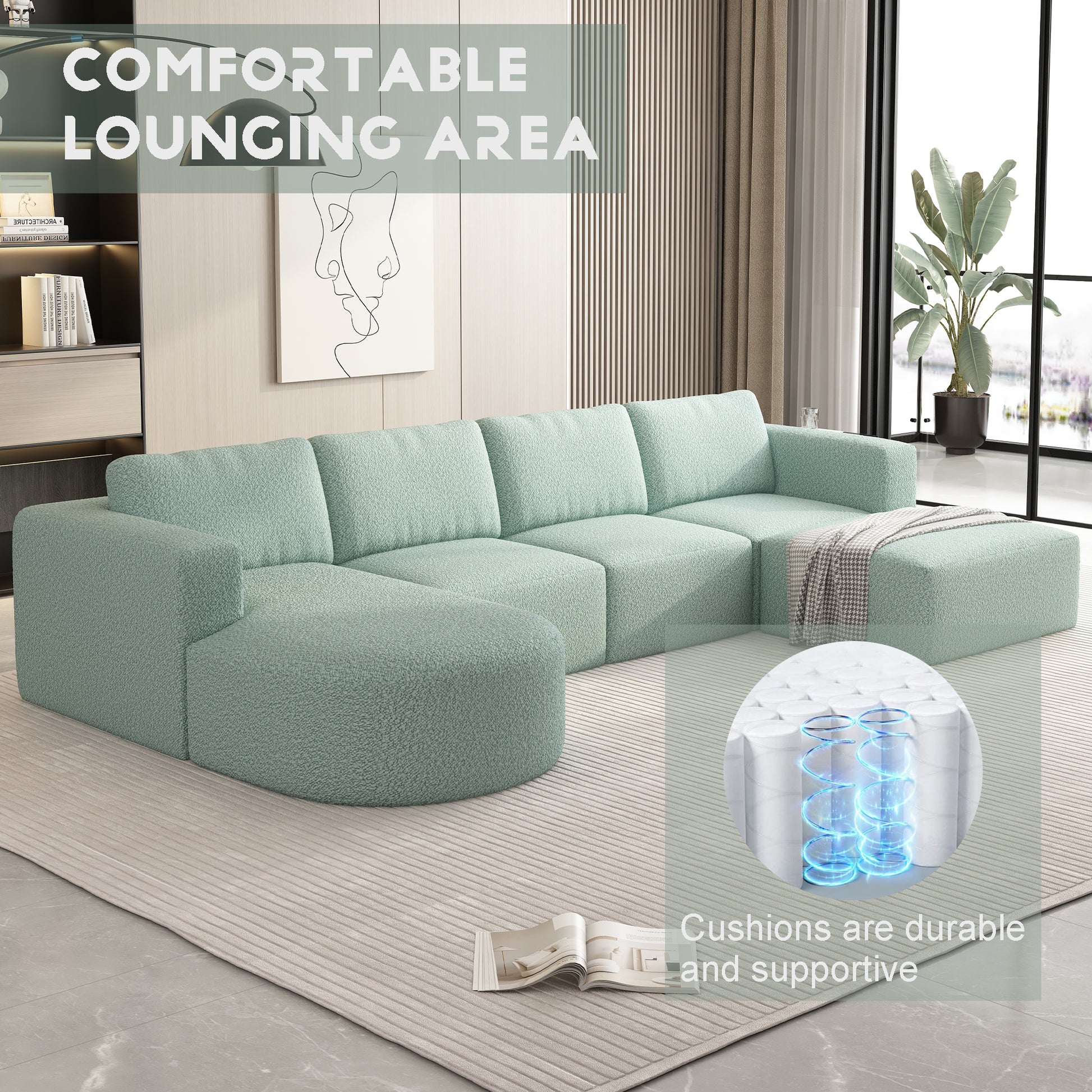 104.32*74.8 Modular Sectional Sofa Sleeper Couch, Sectional Sofa With Chaise And Ottoman, Convertible U Shaped Modular Sofa Set. Compressed Spon, Light Green Combo 2A 2B 2D Light Green Primary Living Space Soft Minimalist,Modern Foam Spring 6 Seat