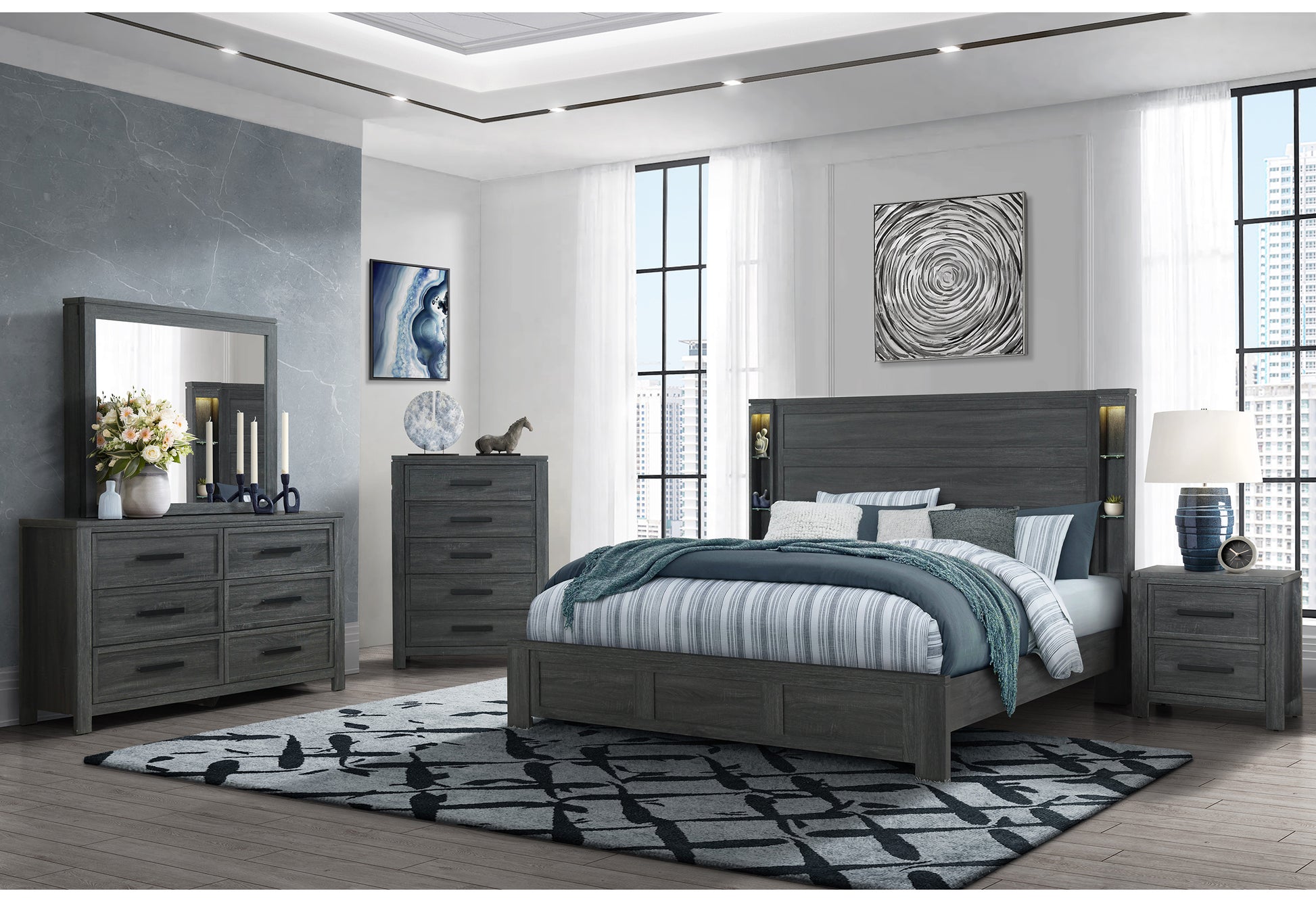 Aya Dark Grey Mirror Dark Gray Solid Wood Mdf