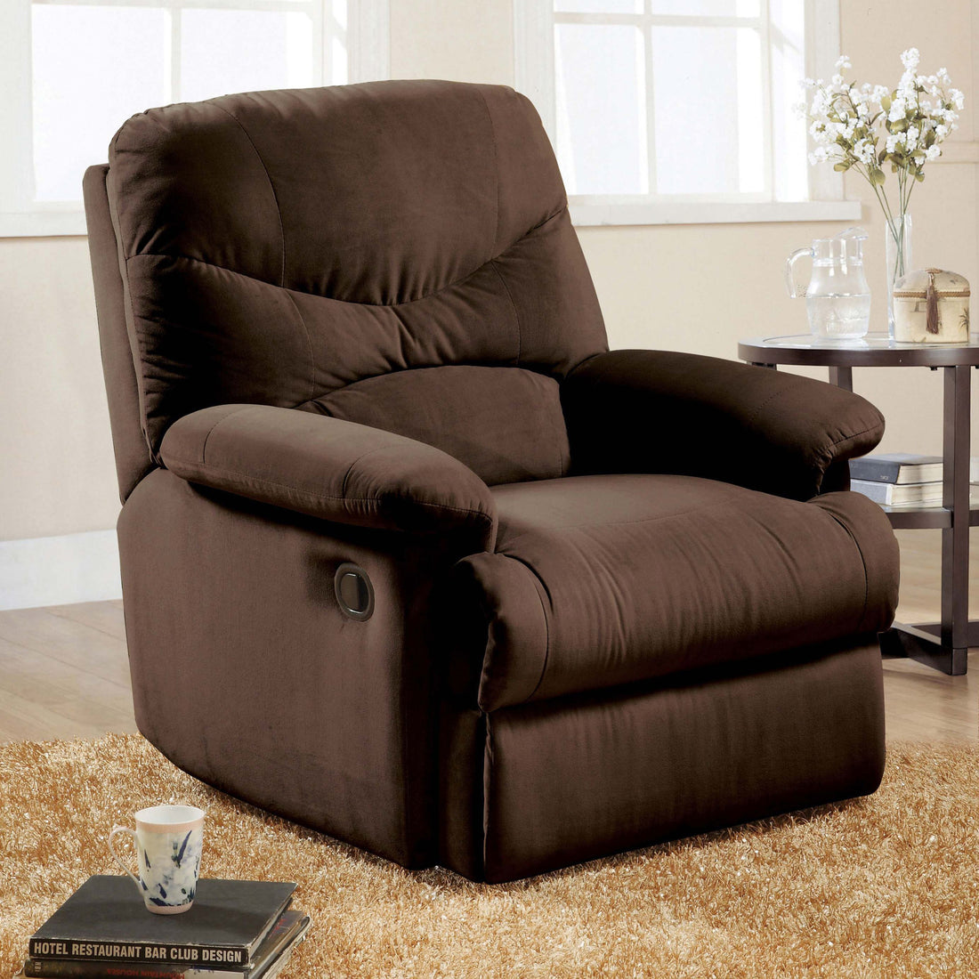 Chocolate Pillow Top Arms Recliner With Tufted Back Chocolate Microfiber Manual Handle Wood Primary Living Space Pillow Back Handle Eucalyptus Pillow Top Arms Microfiber