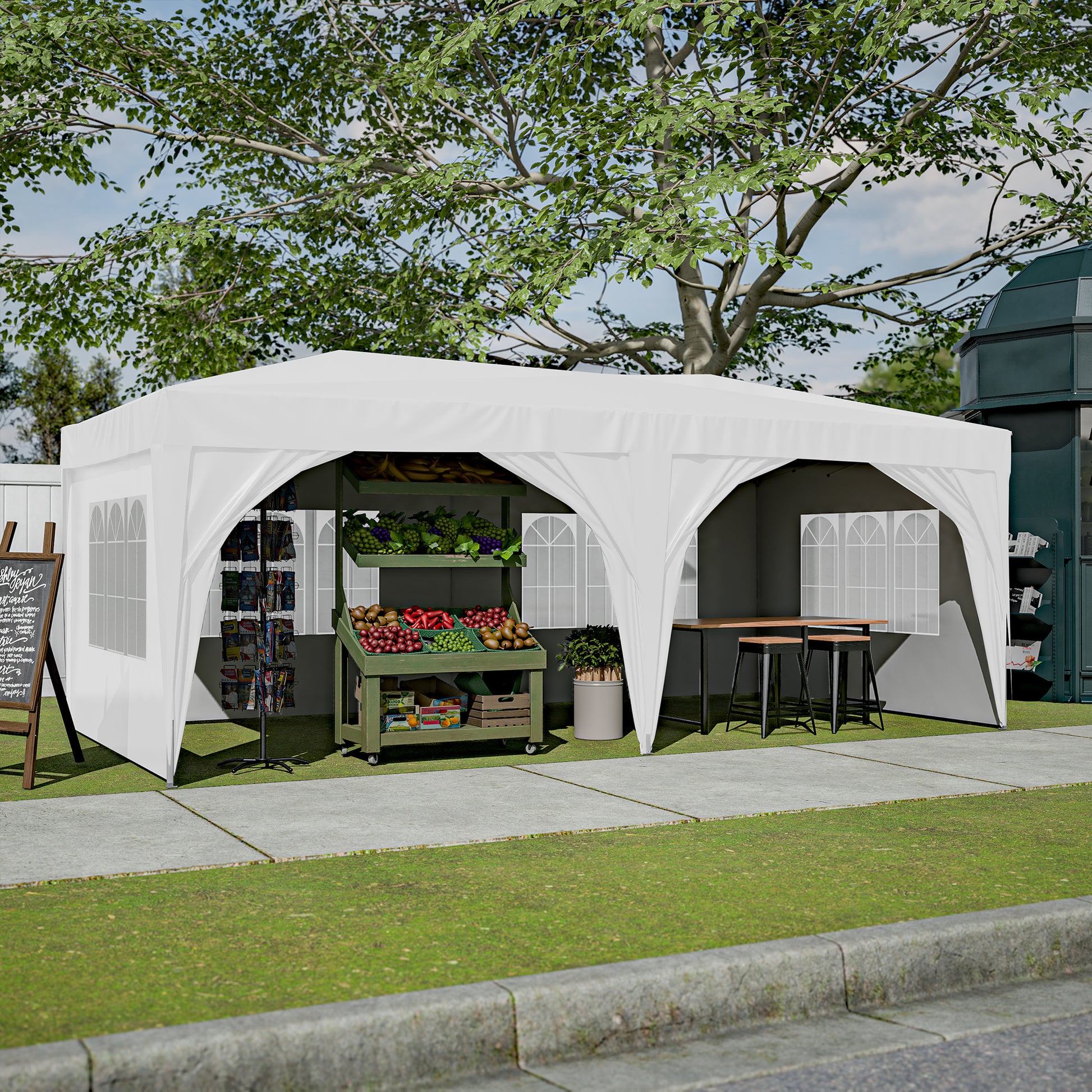 10'X20' Pop Up Canopy Tent With 6 Sidewalls, Ez Pop Up Outdoor Canopy For Parties, Waterproof Commercial Tent With 3 Adjustable Heights, Carry Bag, 6 Sand Bags, 6 Ropes And 12 Stakes, White White Metal