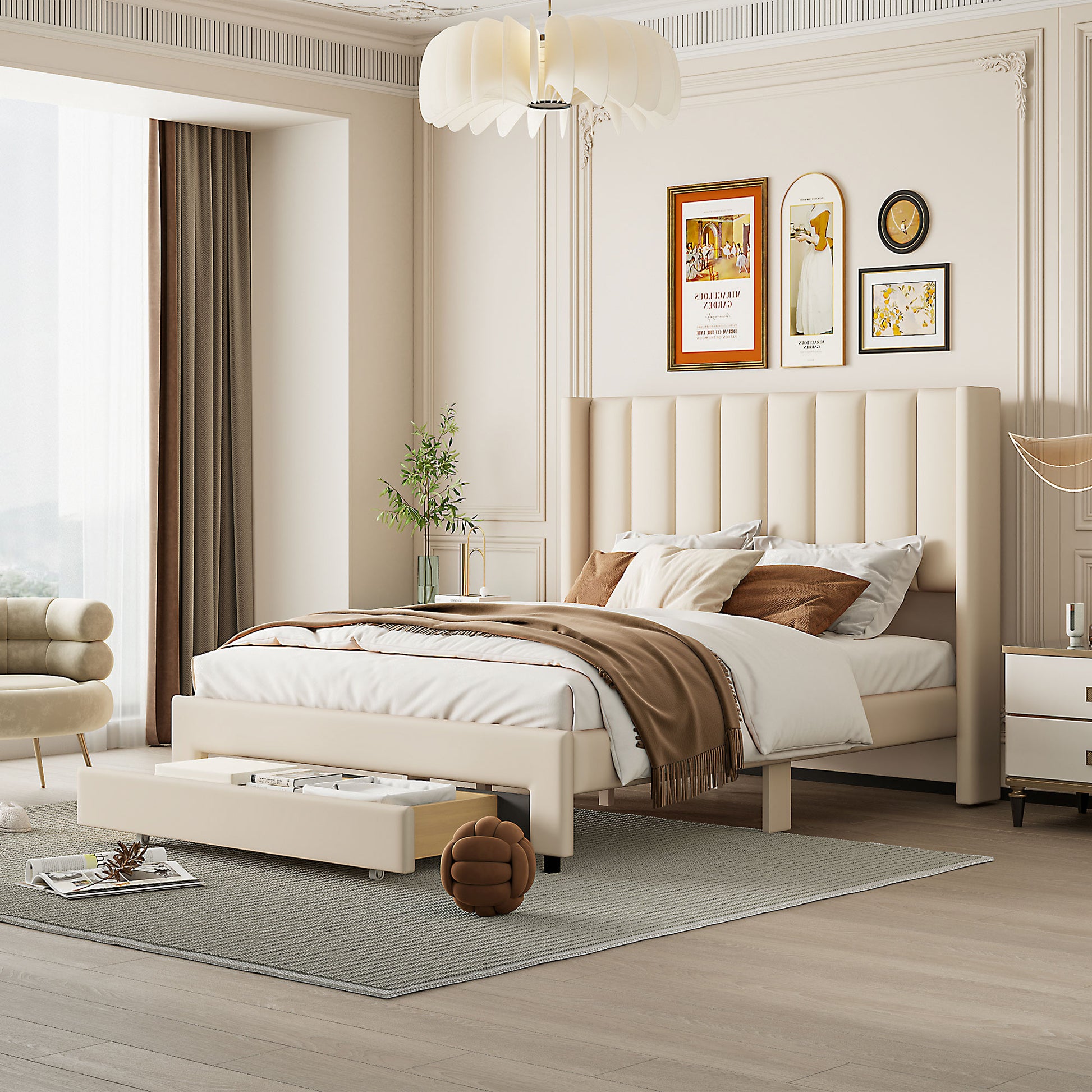 Full Size Storage Bed Velvet Upholstered Platform Bed With A Big Drawer Beige Old Sku:Wf296850Aaa Full Beige Velvet