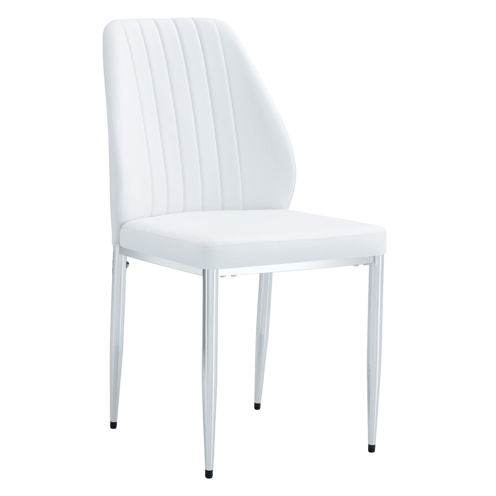 Set Of Four White Pu Comfort Dining Chairs 17.7"X25" .Dining Chair With Extended Backrest,White Pu,Silver Metal Legs,Suitable For Various Places Such As Family Restaurants, Hotels, Coffee Shops,Etc.