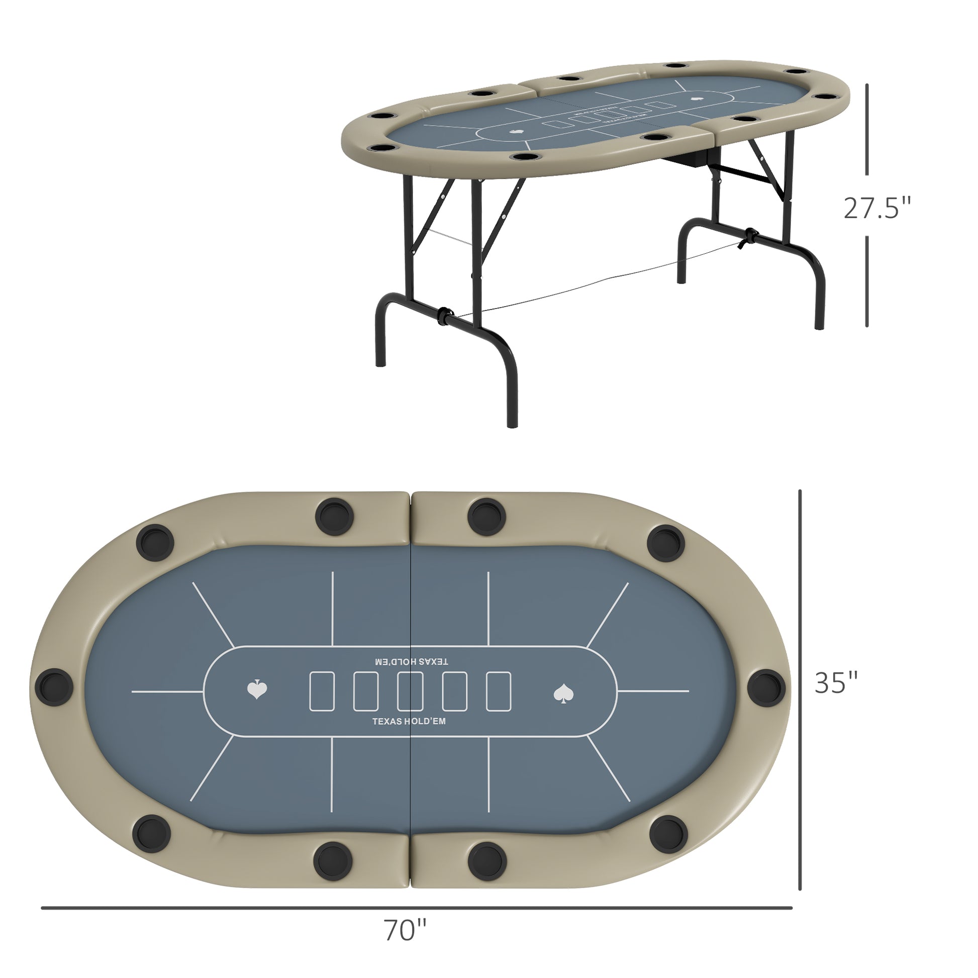 Soozier Poker Table Foldable, 70" Oval Blackjack Casino Texas Holdem Poker Game Table For 10 Players With Cup Holders, Blue And Brown Blue Mdf Steel