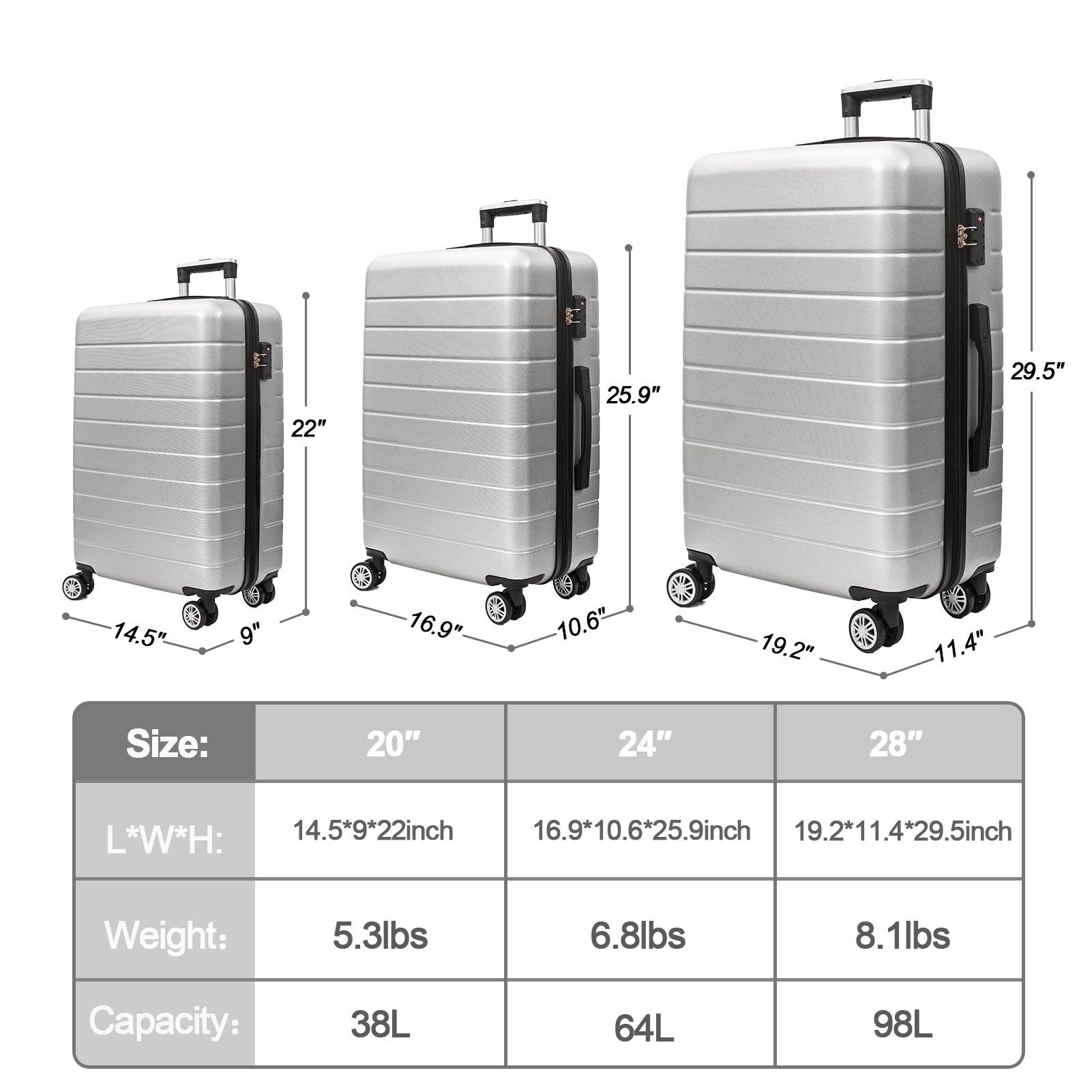 3 Piece Luggage Set Travel Lightweight Suitcases With Rolling Wheels,Tsa Lock & Abs Hard Shell ,Carry On Luggages For Business, Trip, 20 24 28 Silver Grey Abs