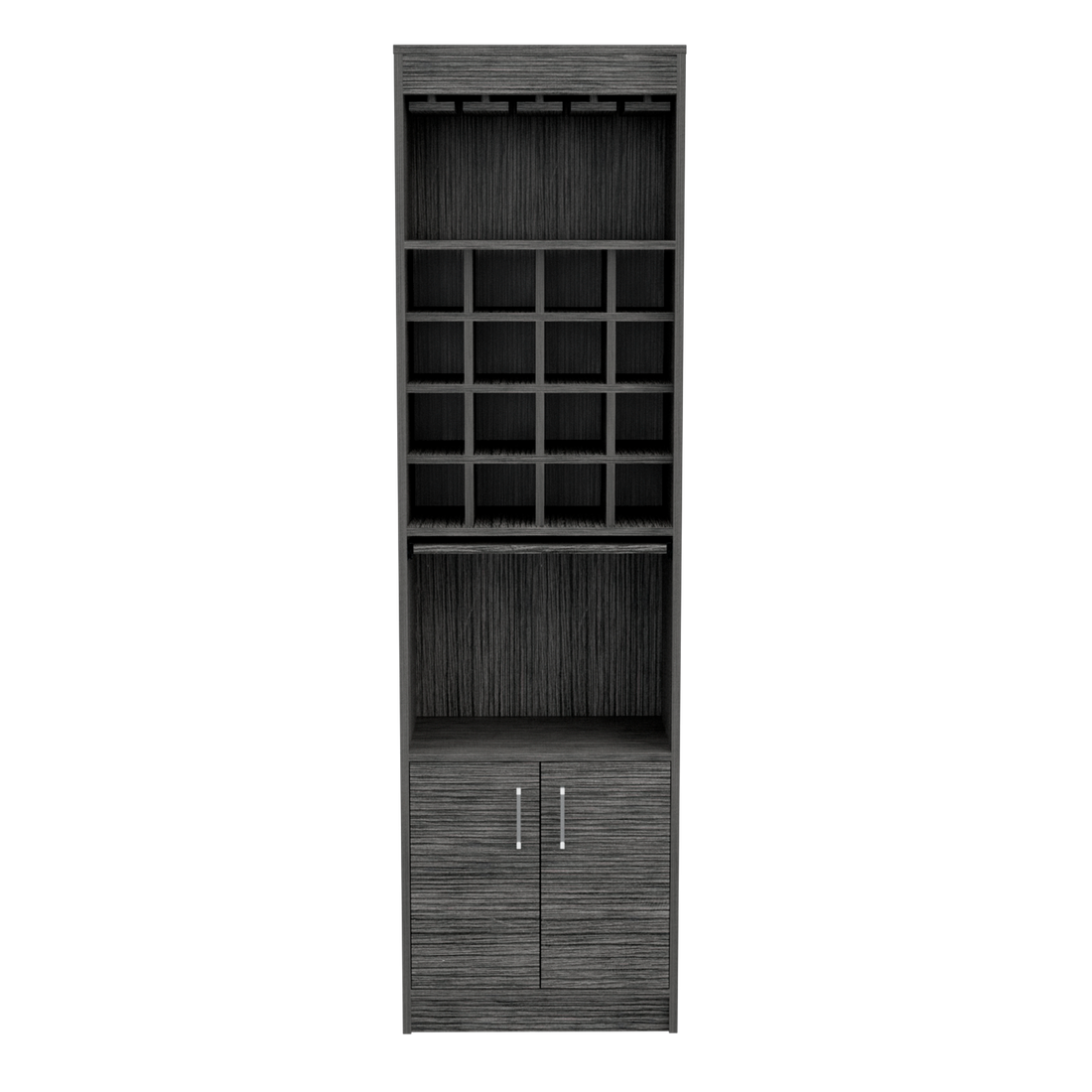 Kava Bar Cabinet, Concealable Serving Tray, Sixteen Built In Wine Rack, One Shelf, Double Door Smokey Oak Gray Dining Room Modern Particle Board Particle Board