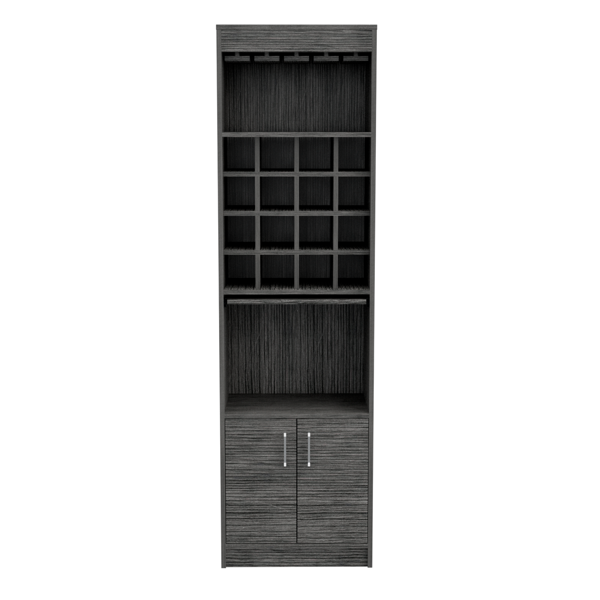 Kava Bar Cabinet, Concealable Serving Tray, Sixteen Built In Wine Rack, One Shelf, Double Door Smokey Oak Gray Dining Room Modern Particle Board Particle Board